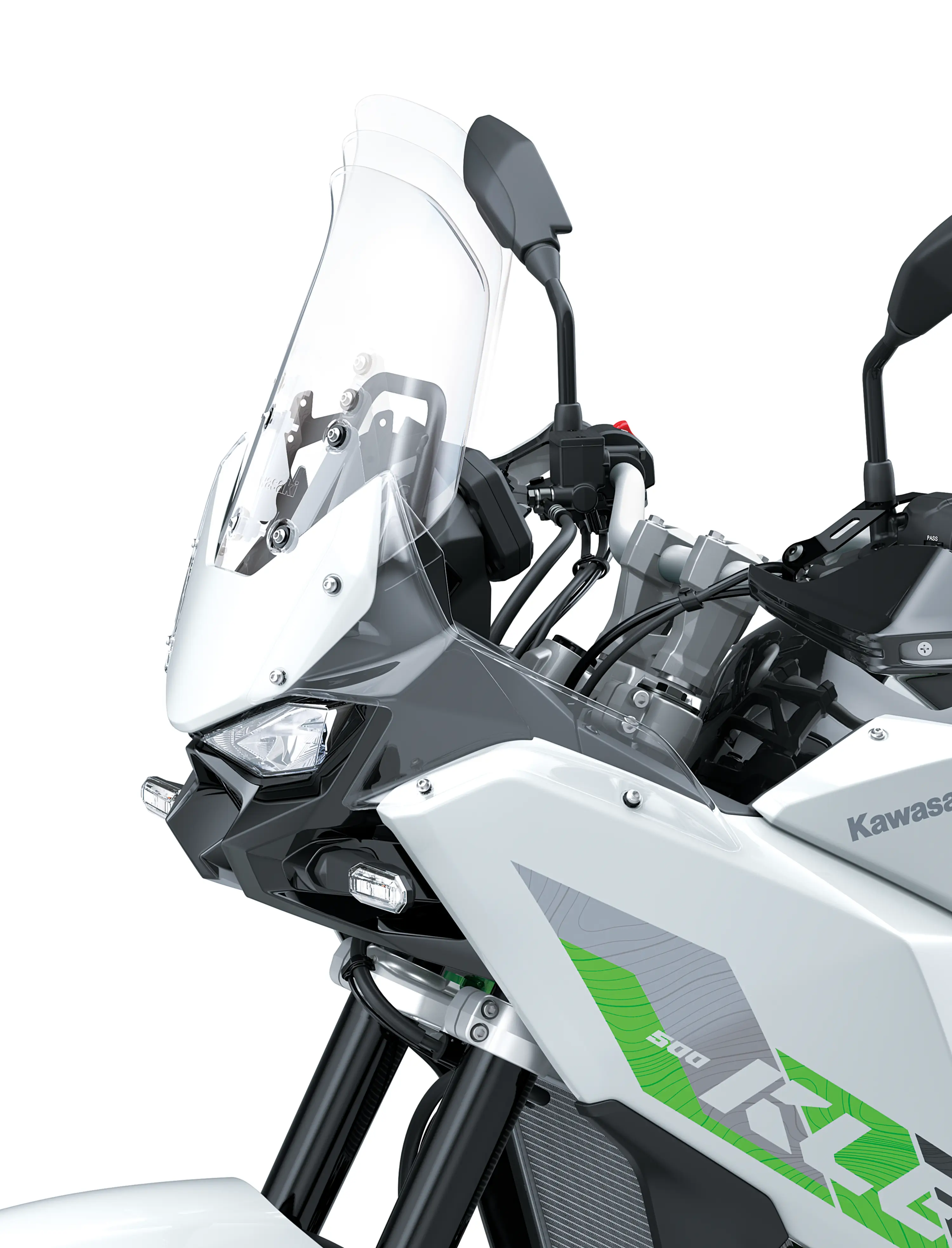 Side close angle of a motorcycle staged in a white studio background.
