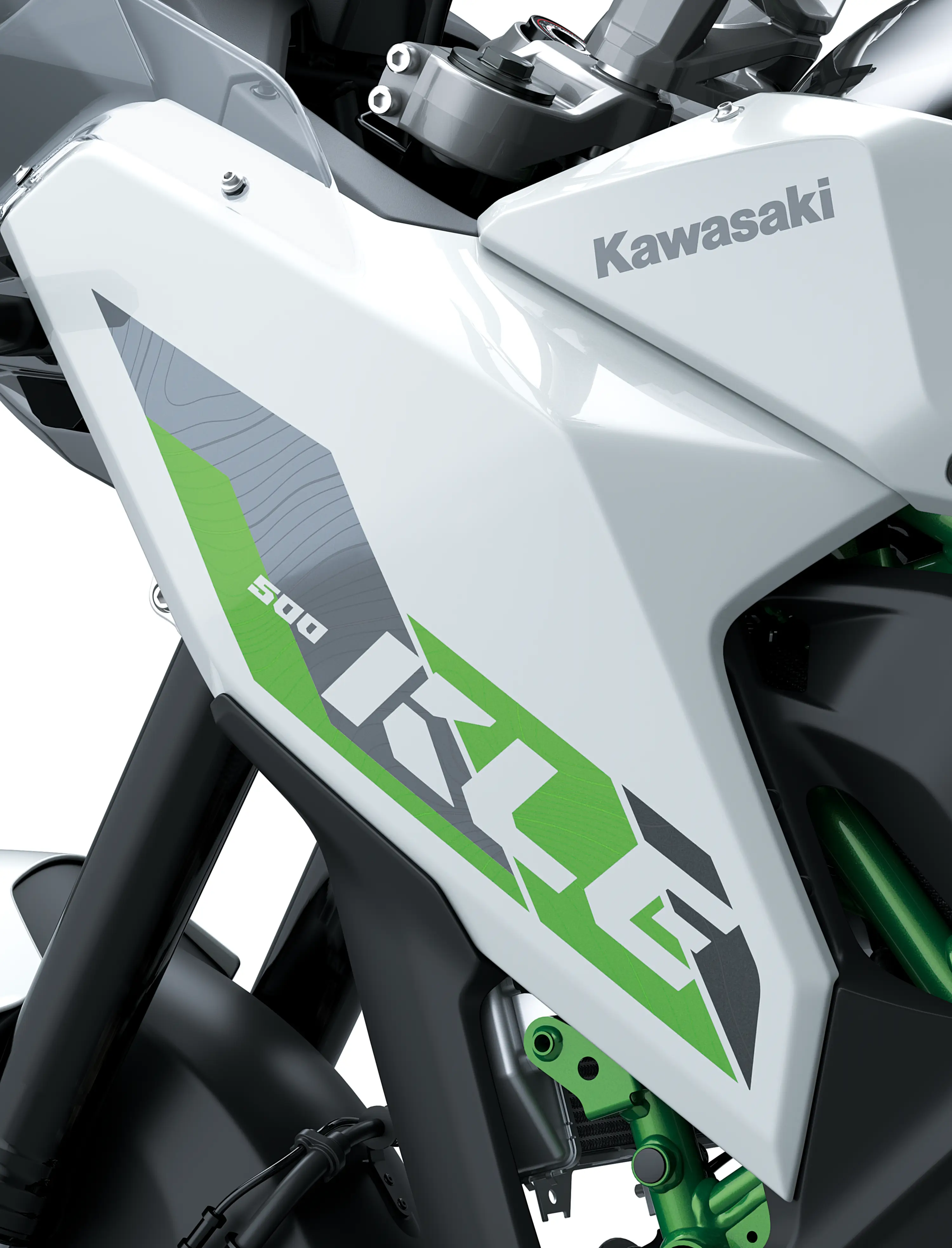 Side close on model logo of a motorcycle staged in a white studio background.