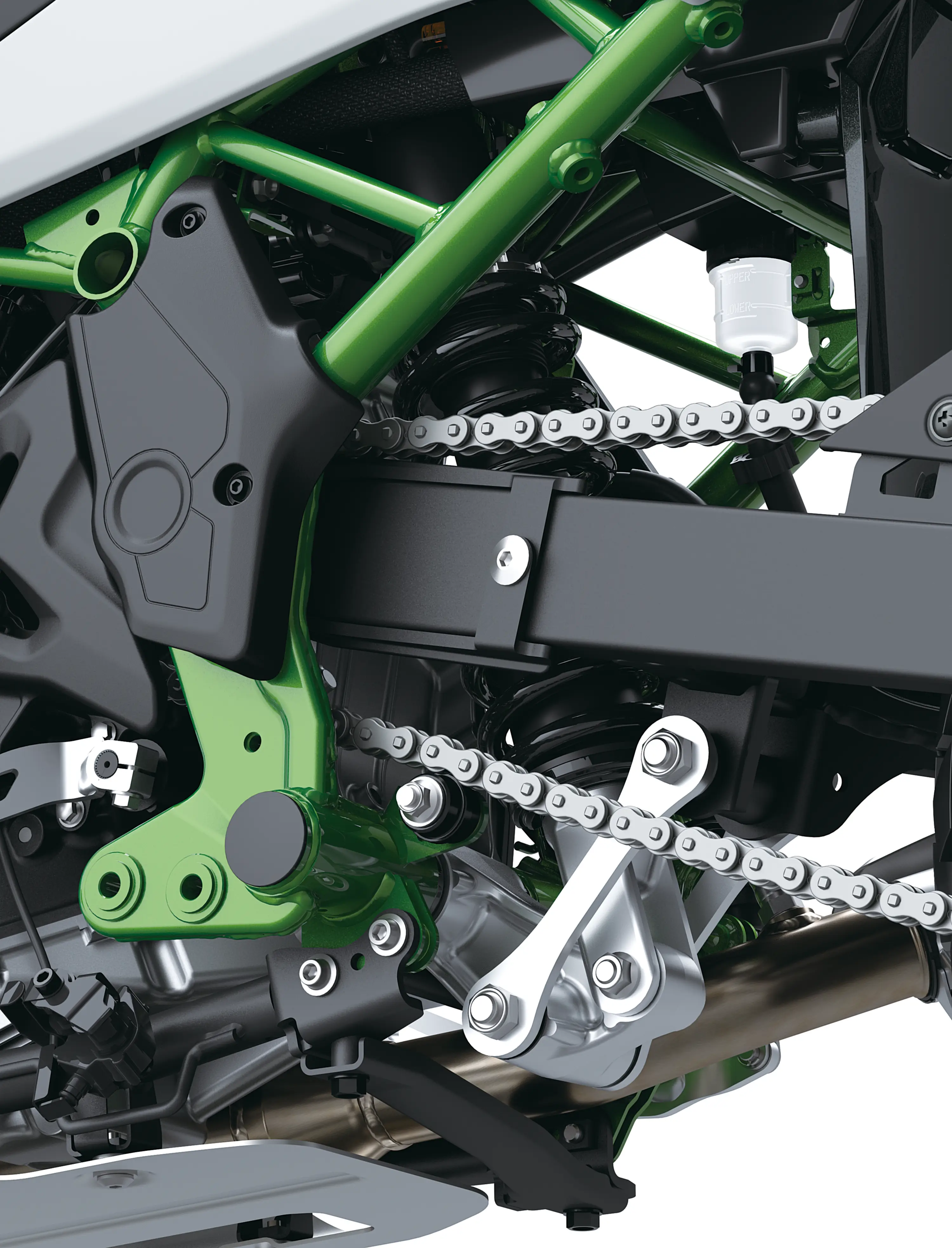 Details of a motorcycle staged in a white studio background.