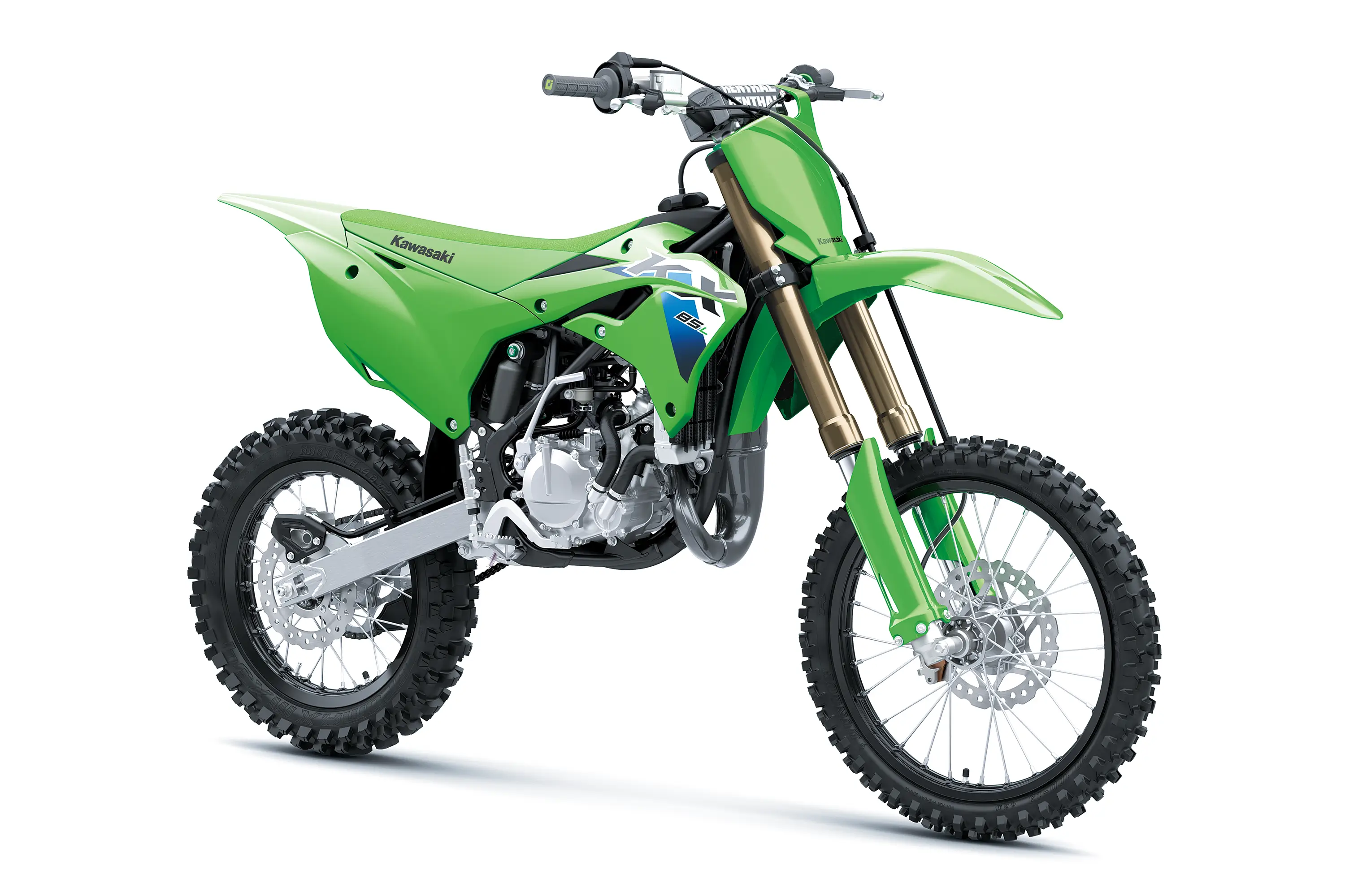 Three-quarter front angle of a motorcycle staged in a white studio background.