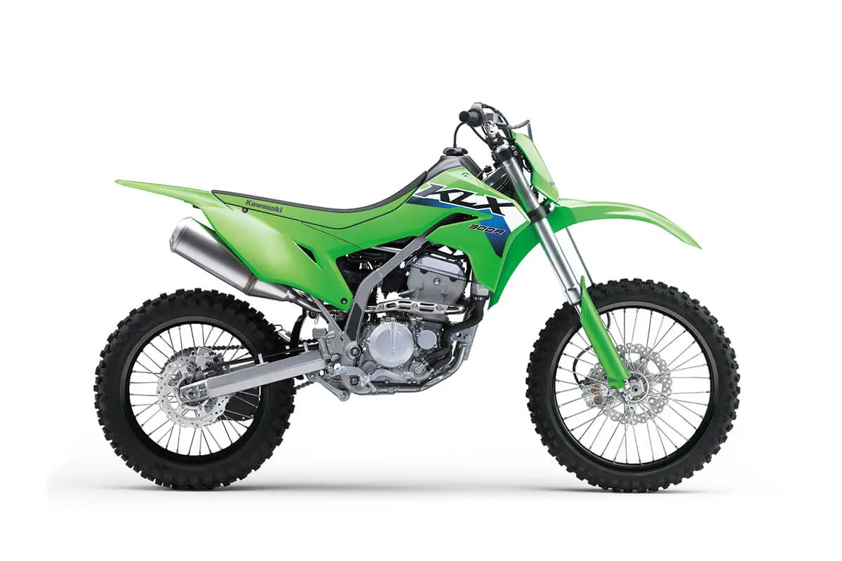 Profile angle of a motorcycle staged in a white studio background.