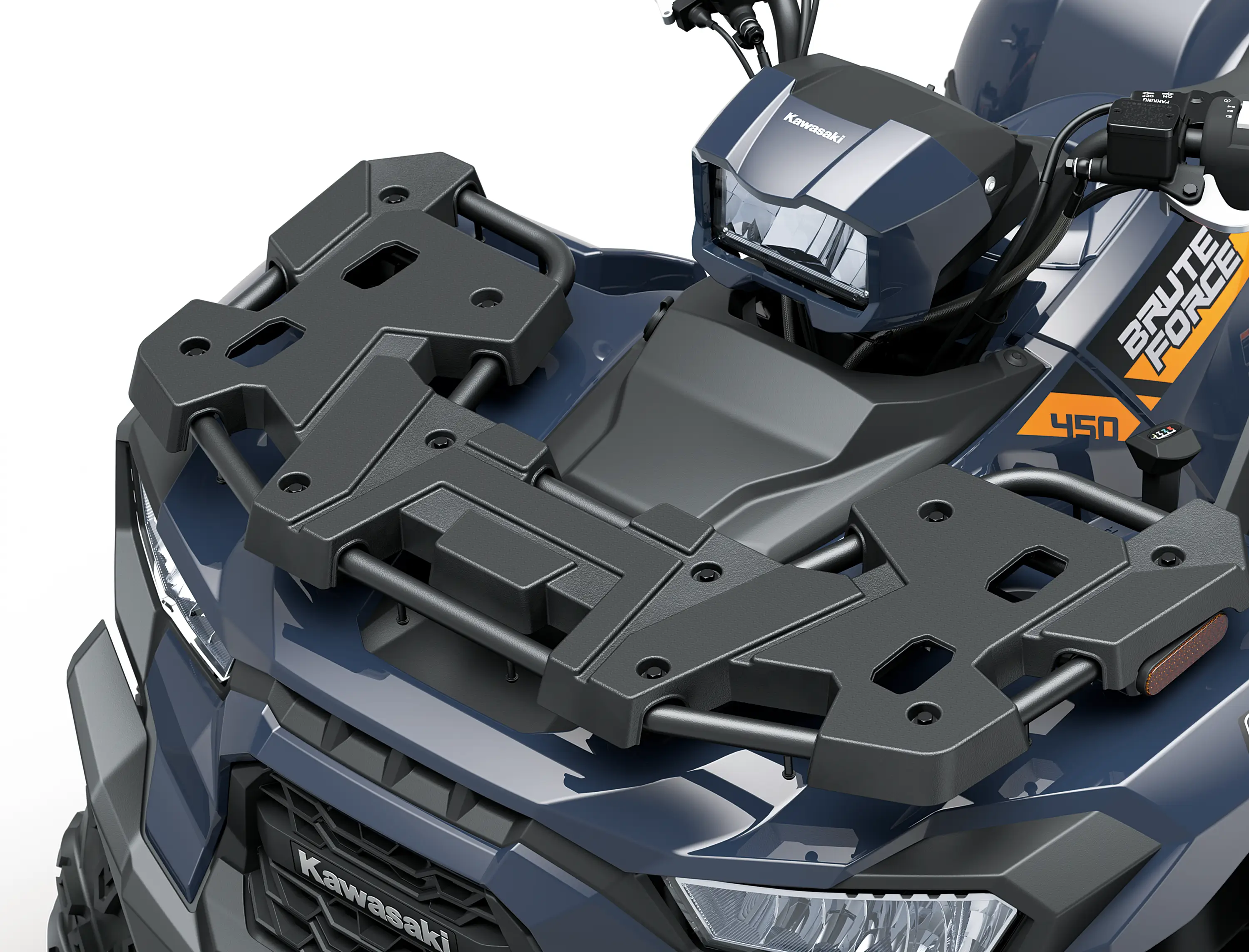 Close-up of the front cargo rack of an ATV staged in a white studio background.