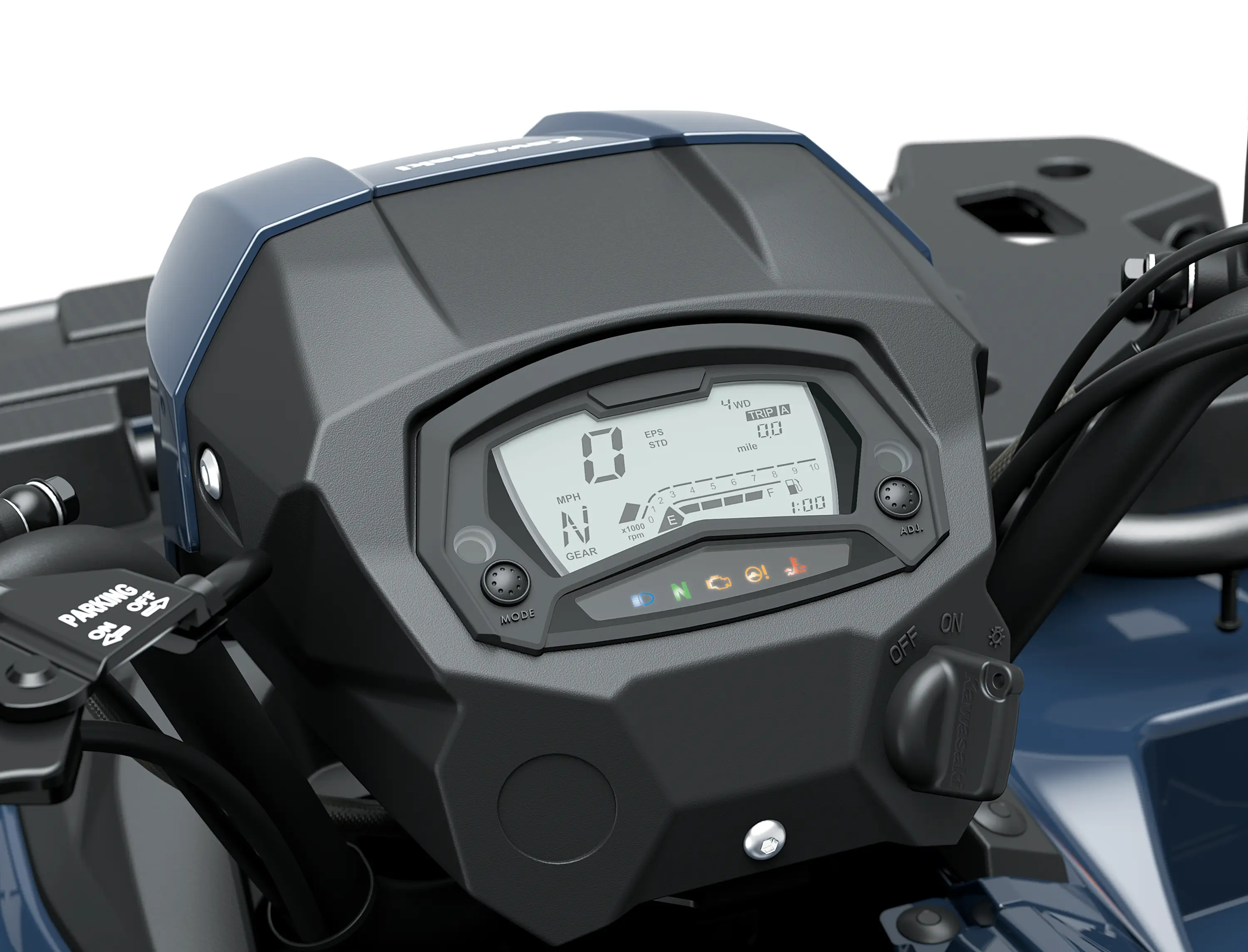 Close-up of the instrument panel of an ATV staged in a white studio background.