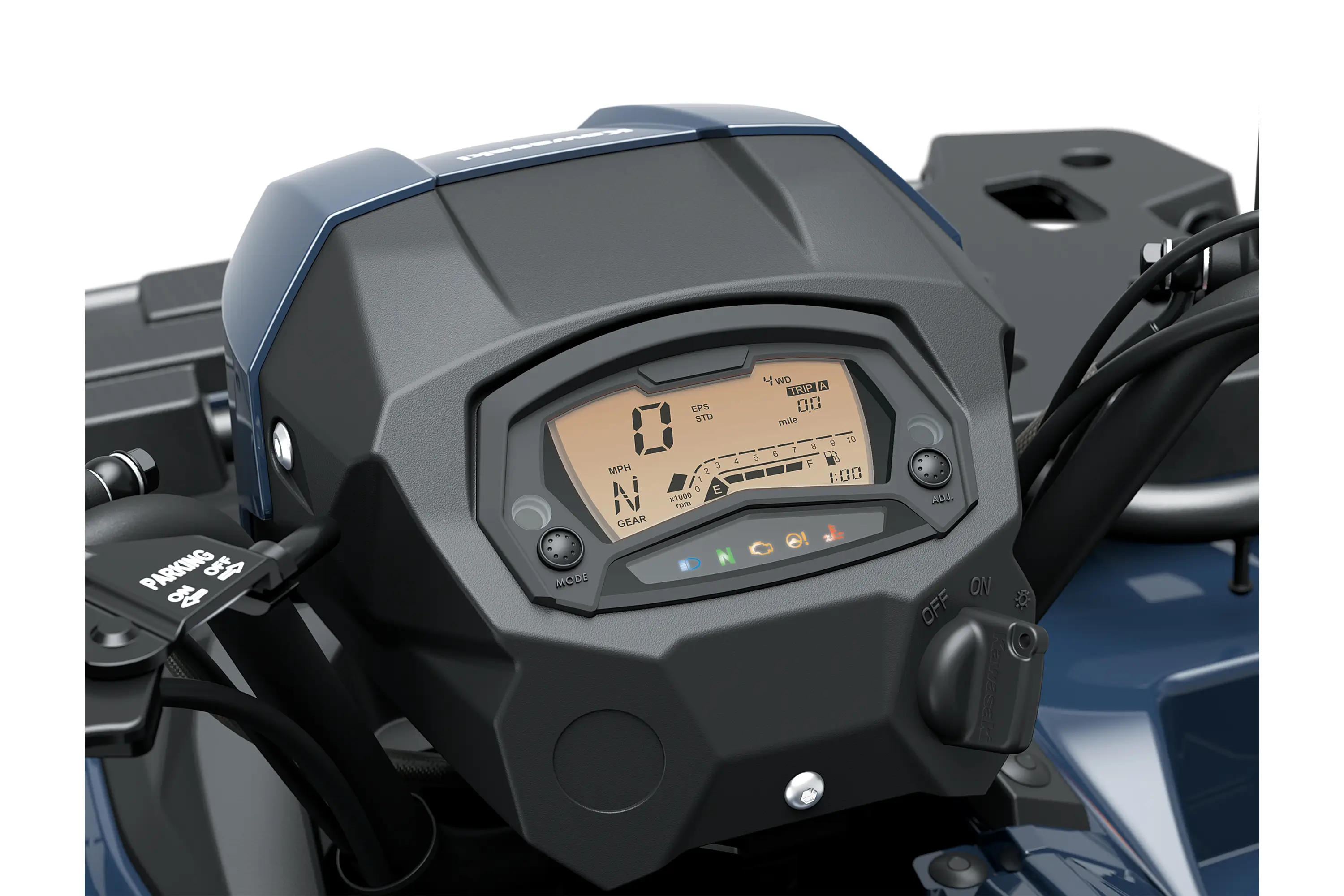 Close-up of the instrument panel of an ATV staged in a white studio background.