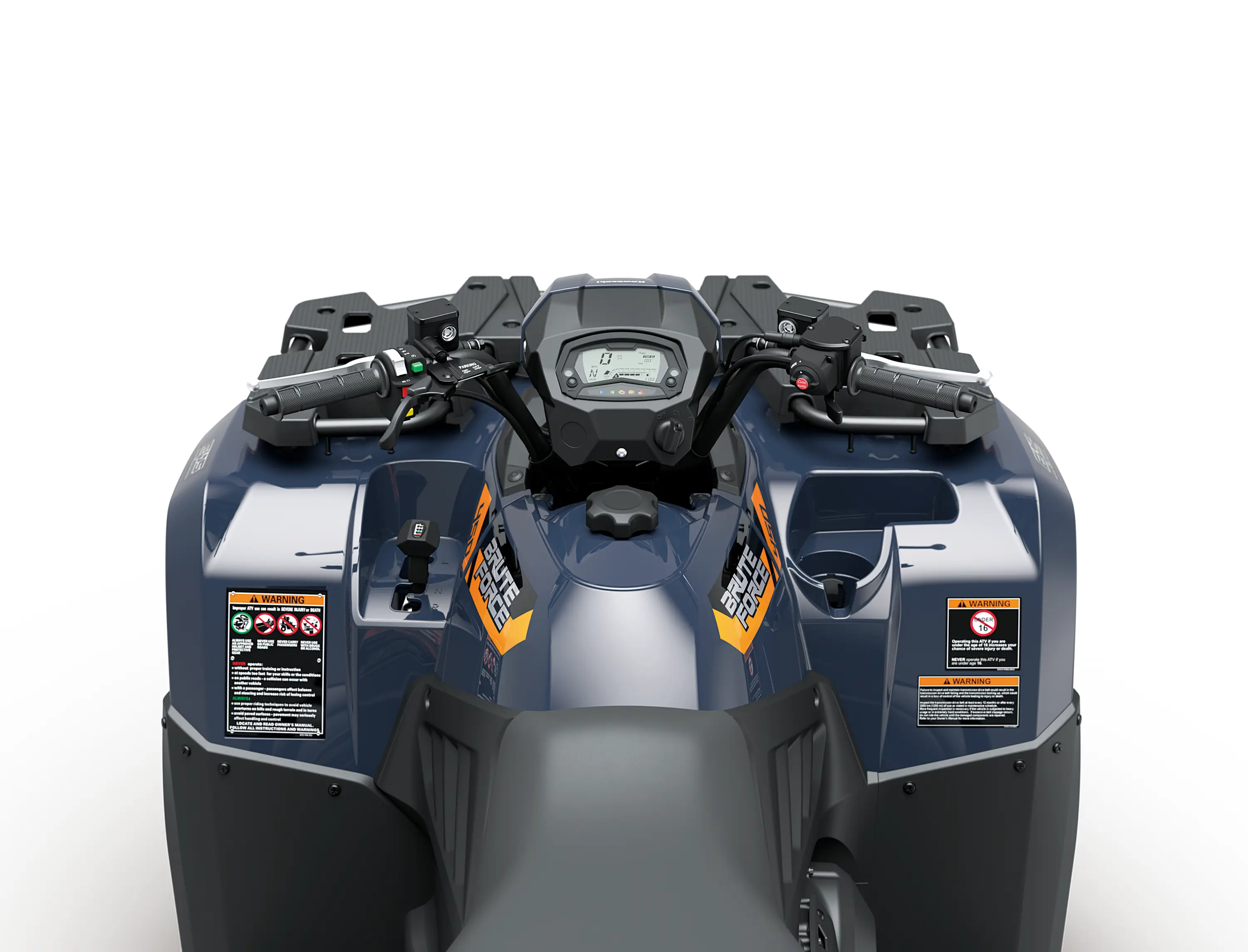 Driver POV of the handlebars of an ATV staged in a white studio background.