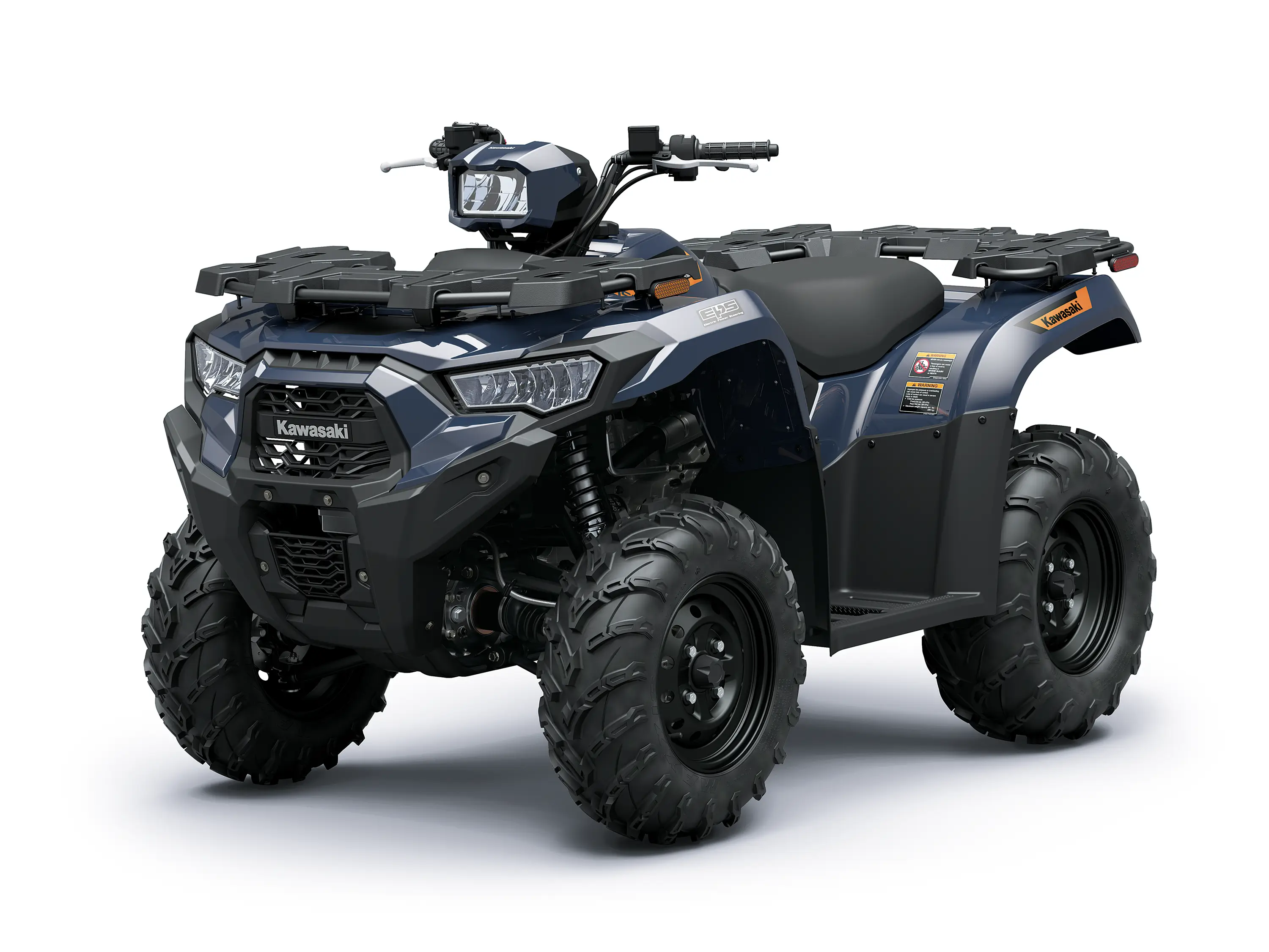 Three-quarter front angle of a blue ATV staged in a white studio background.