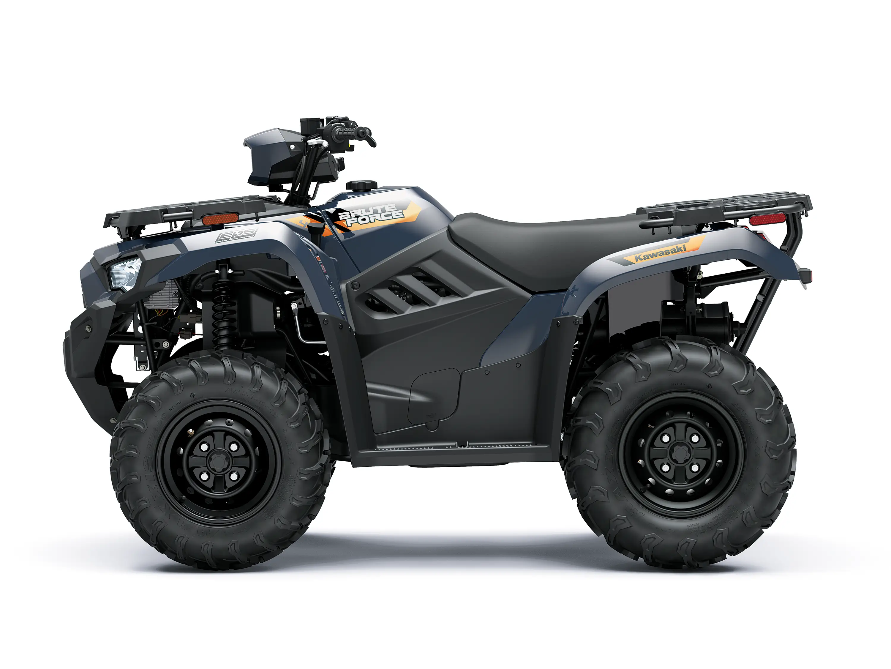Side angle of a blue ATV staged in a white studio background.
