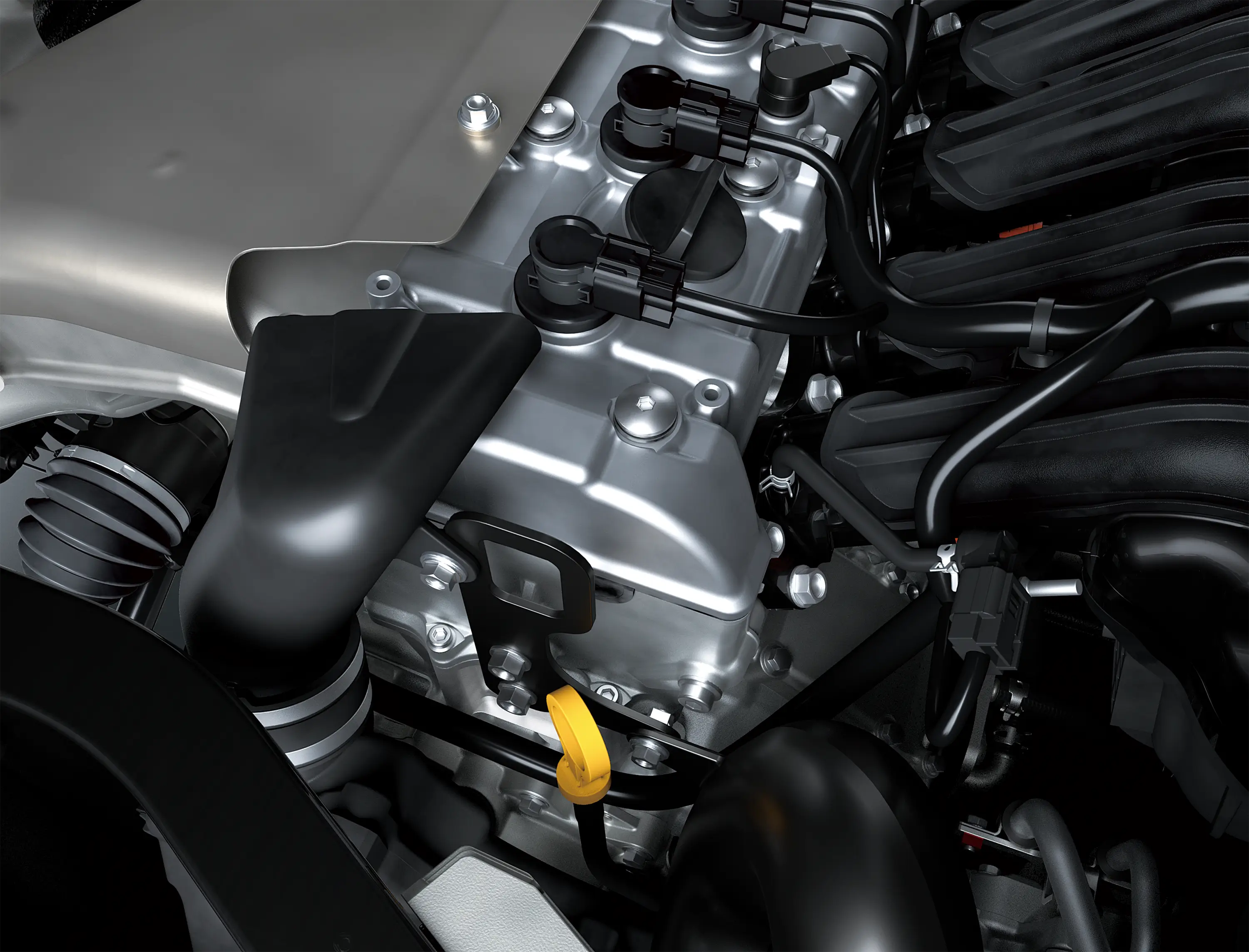 Close-up of the engine bay of a side x side.