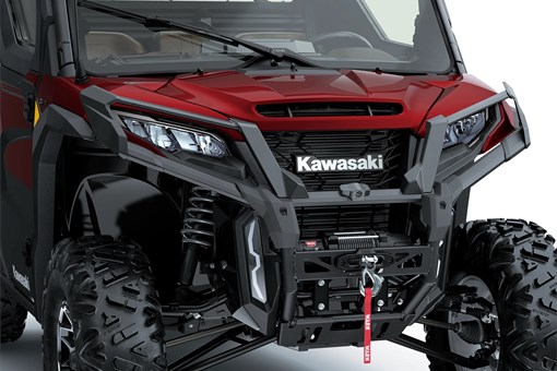 Close-up of the front end of a side x side in a white studio background. opens in a new window