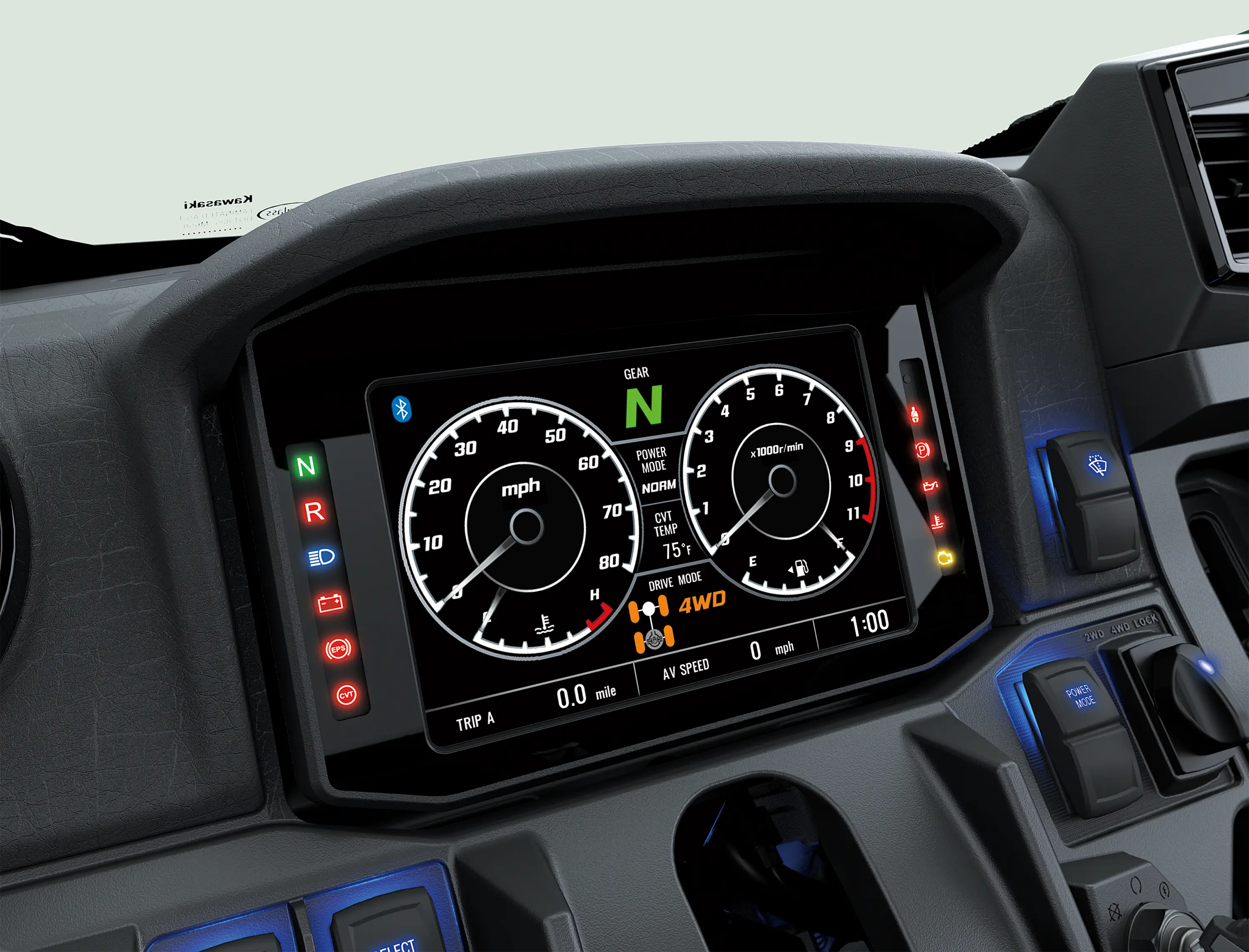 Close-up of the digital speedometer of a side x side.