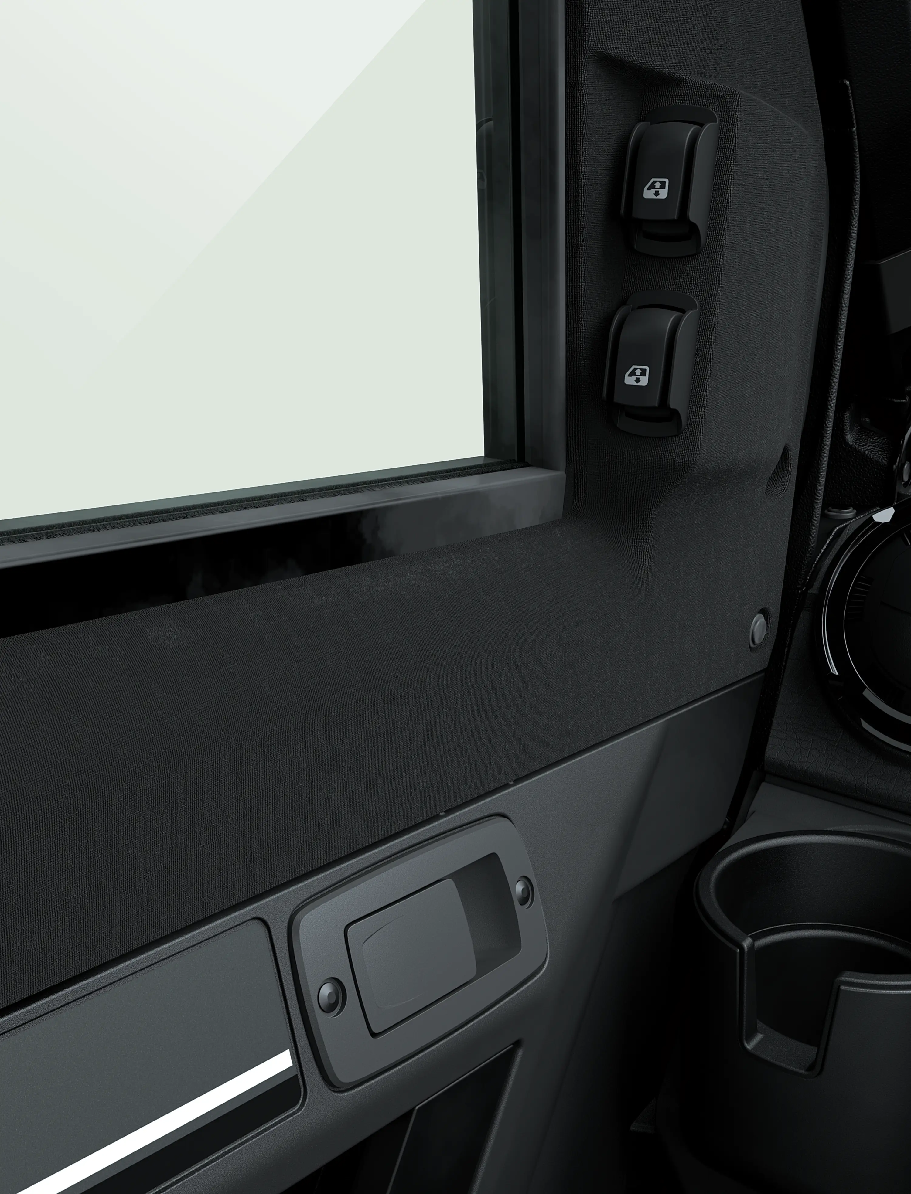 Close-up of the power window buttons in a side x side.