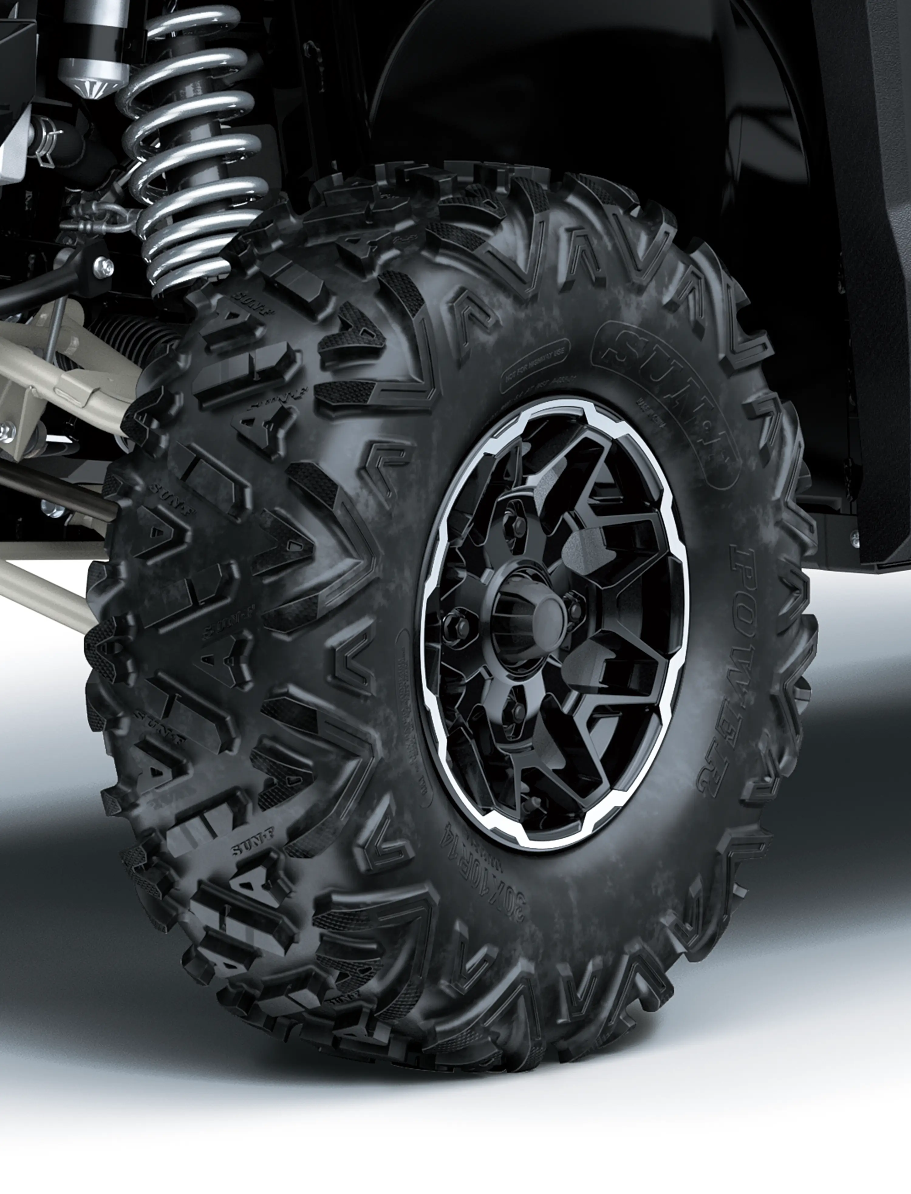 Close-up of a tire of a side x side in a white studio background.