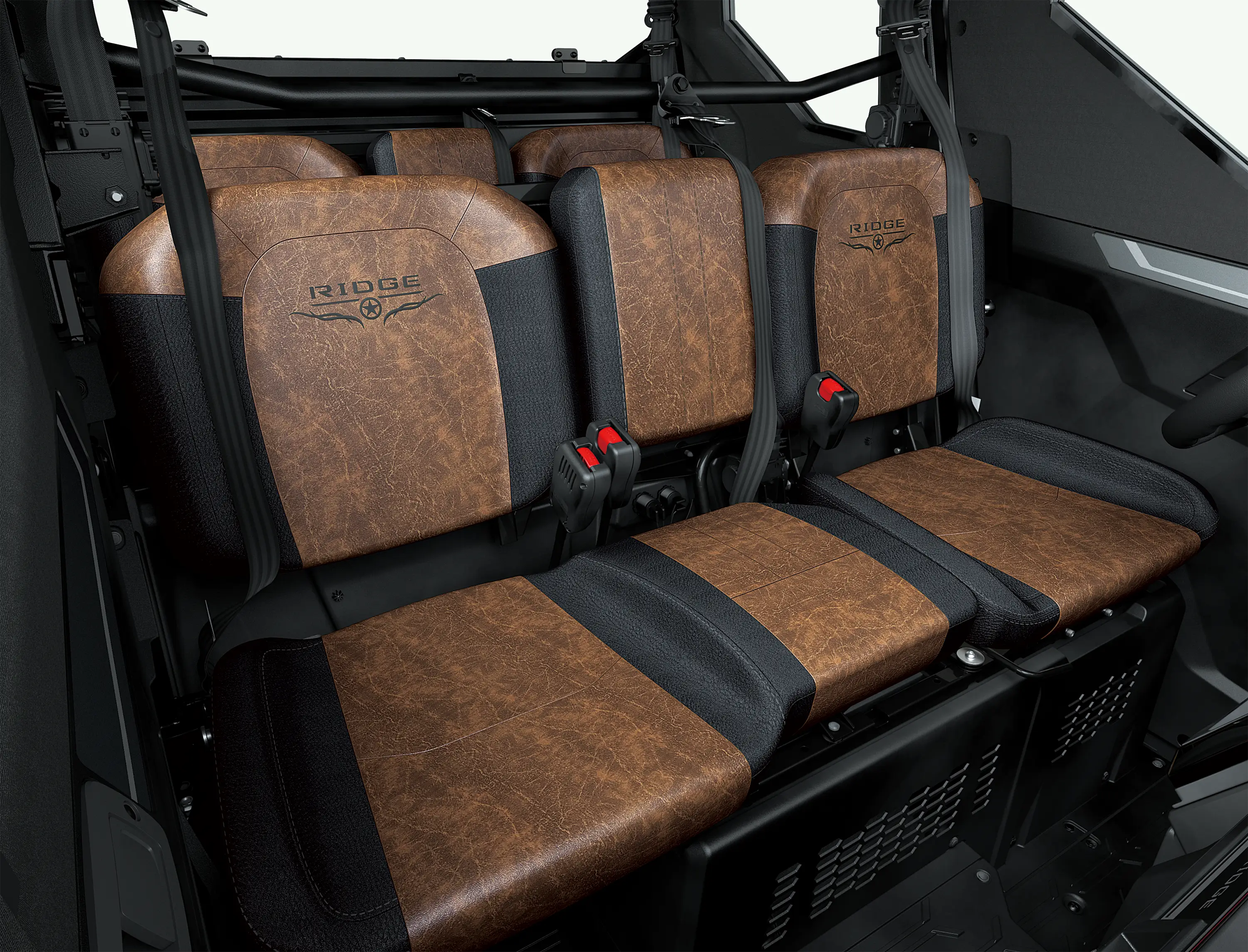 Close-up of the front bench seating in a side x side.