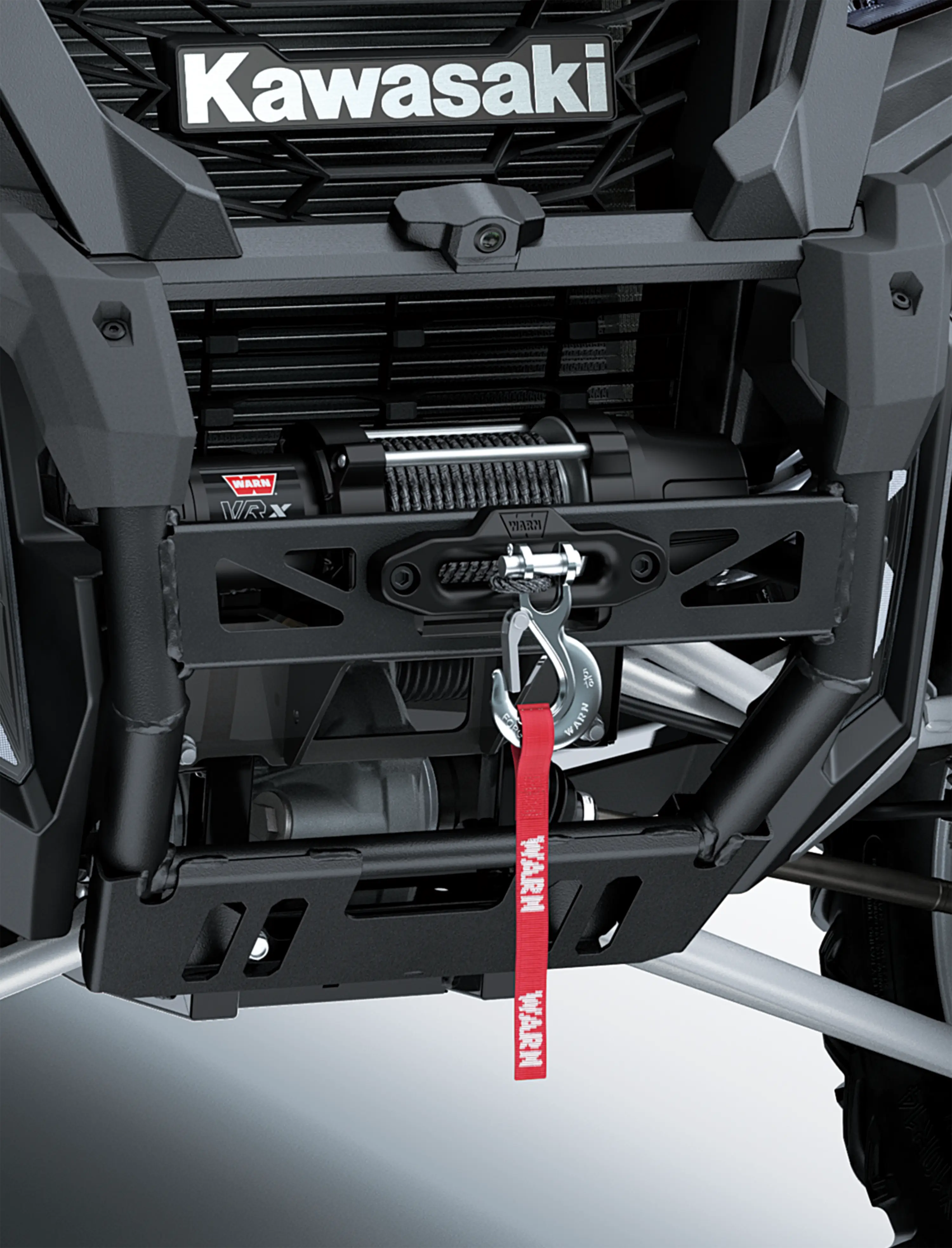 Close-up of a side x side winch.