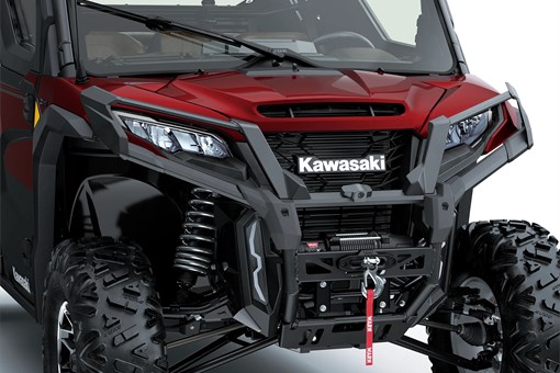 Close-up of the front end of a side x side in a white studio background. opens in a new window