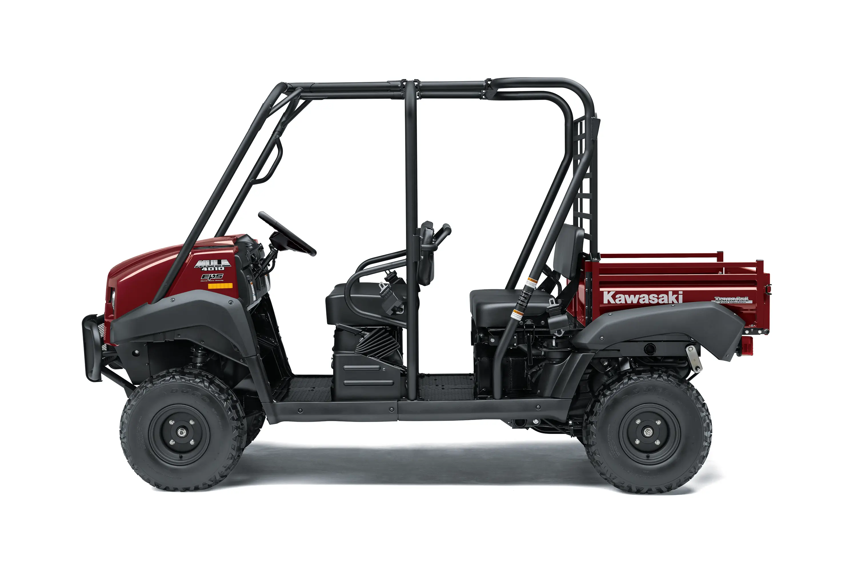 Profile angle of a red side x side staged in a white studio background.