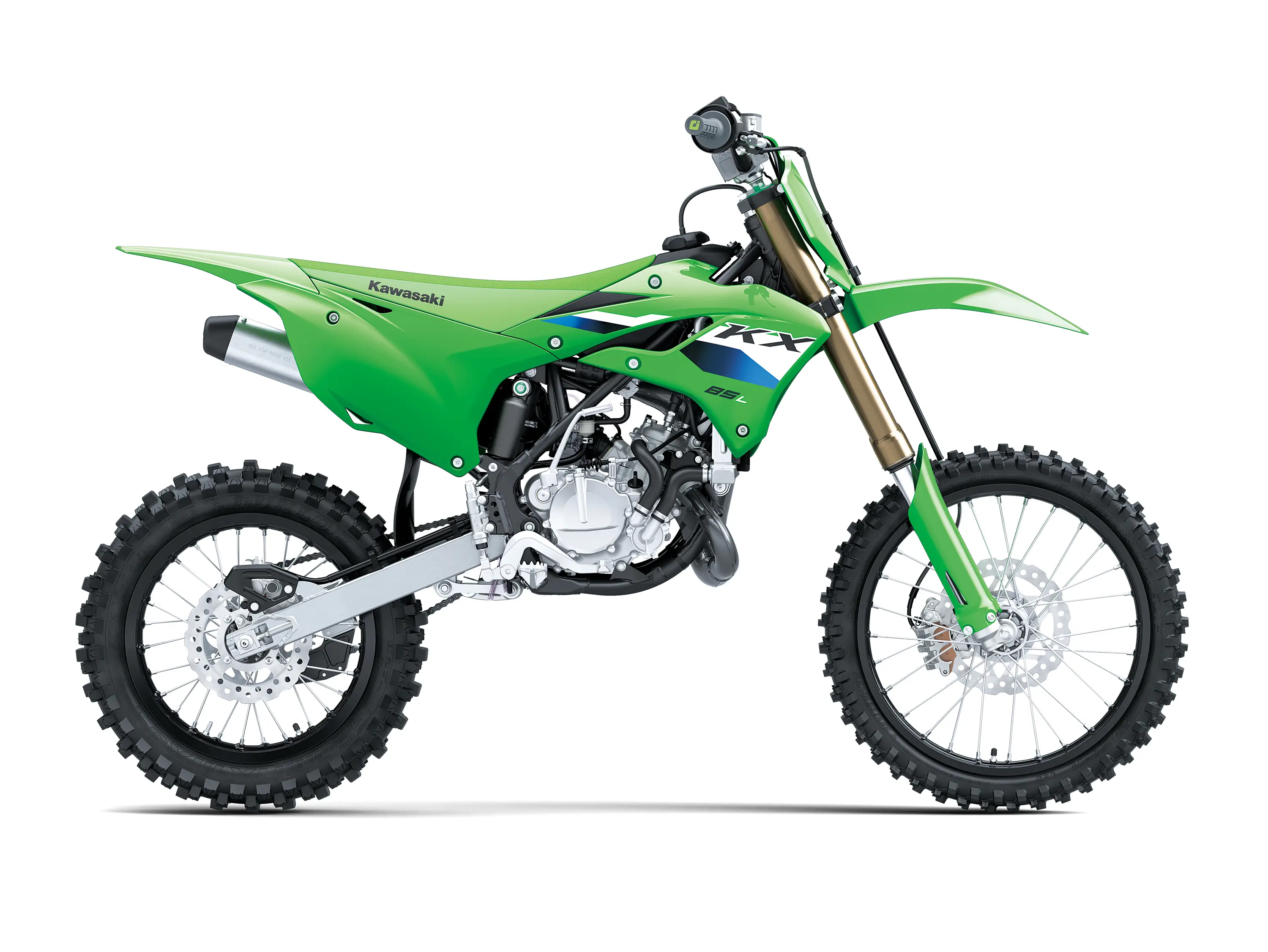 Right side view of a green youth dirt bike in a white studio background.