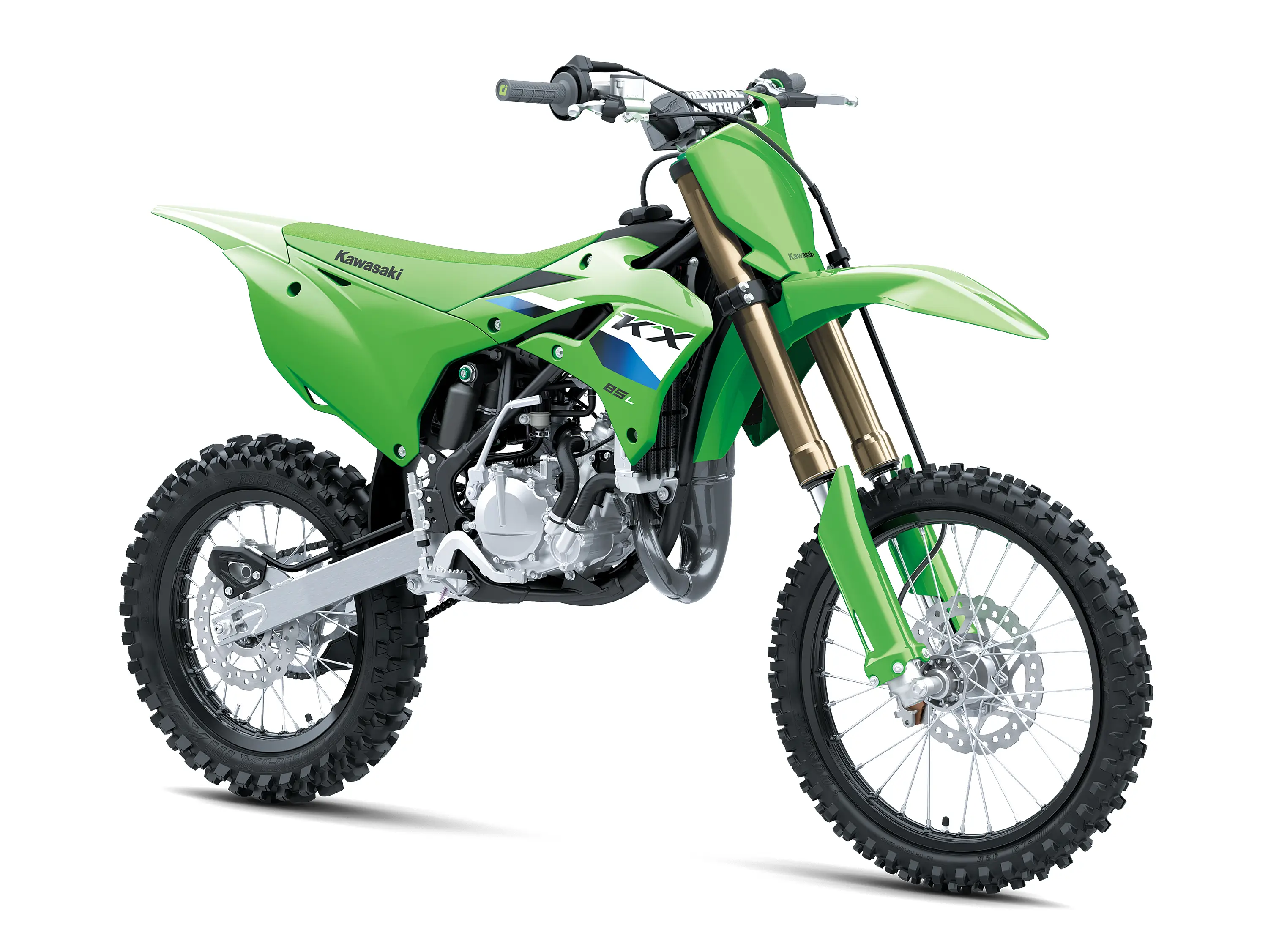 Front three-quarter right view of a green youth dirt bike in a white studio background.