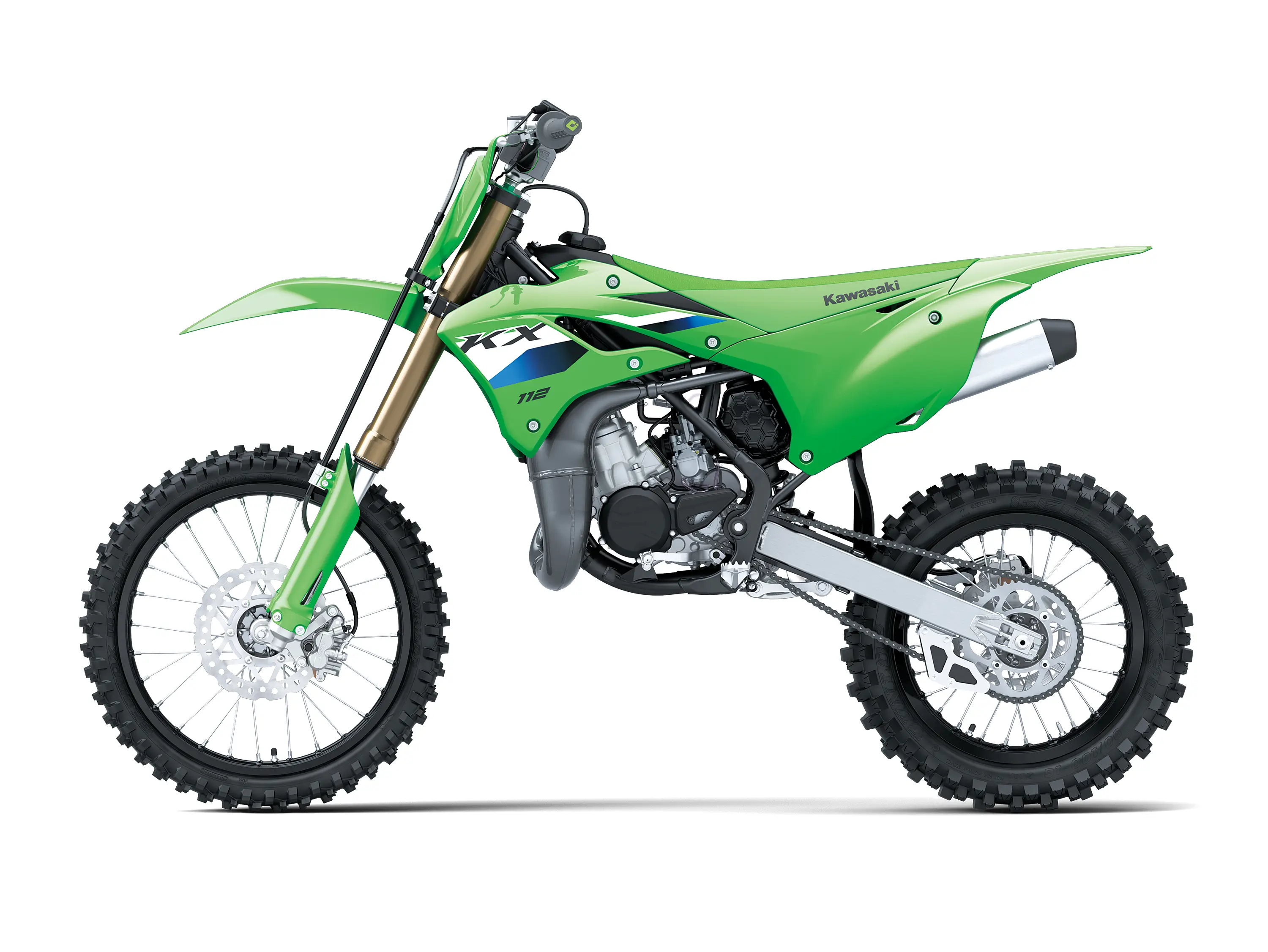 Left side view of a green youth dirt bike staged in a white studio background.