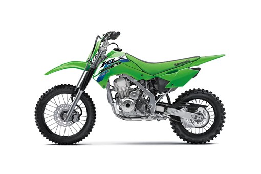 Left side view of a green youth dirt bike staged in a white studio background. opens in a new window