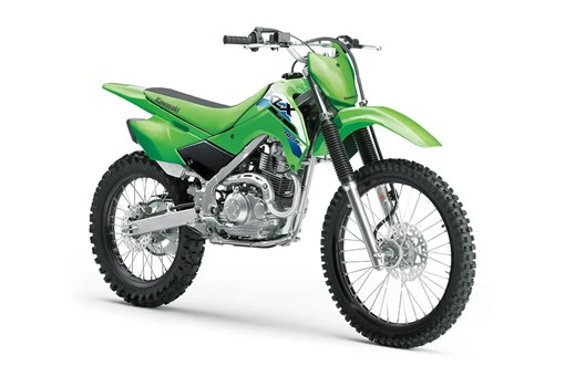 Front three-quarter view of a green dirt bike in a white studio background. opens in a new window