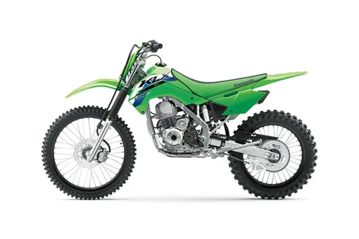 Left side view of a green dirt bike staged in a white studio background. opens in a new window