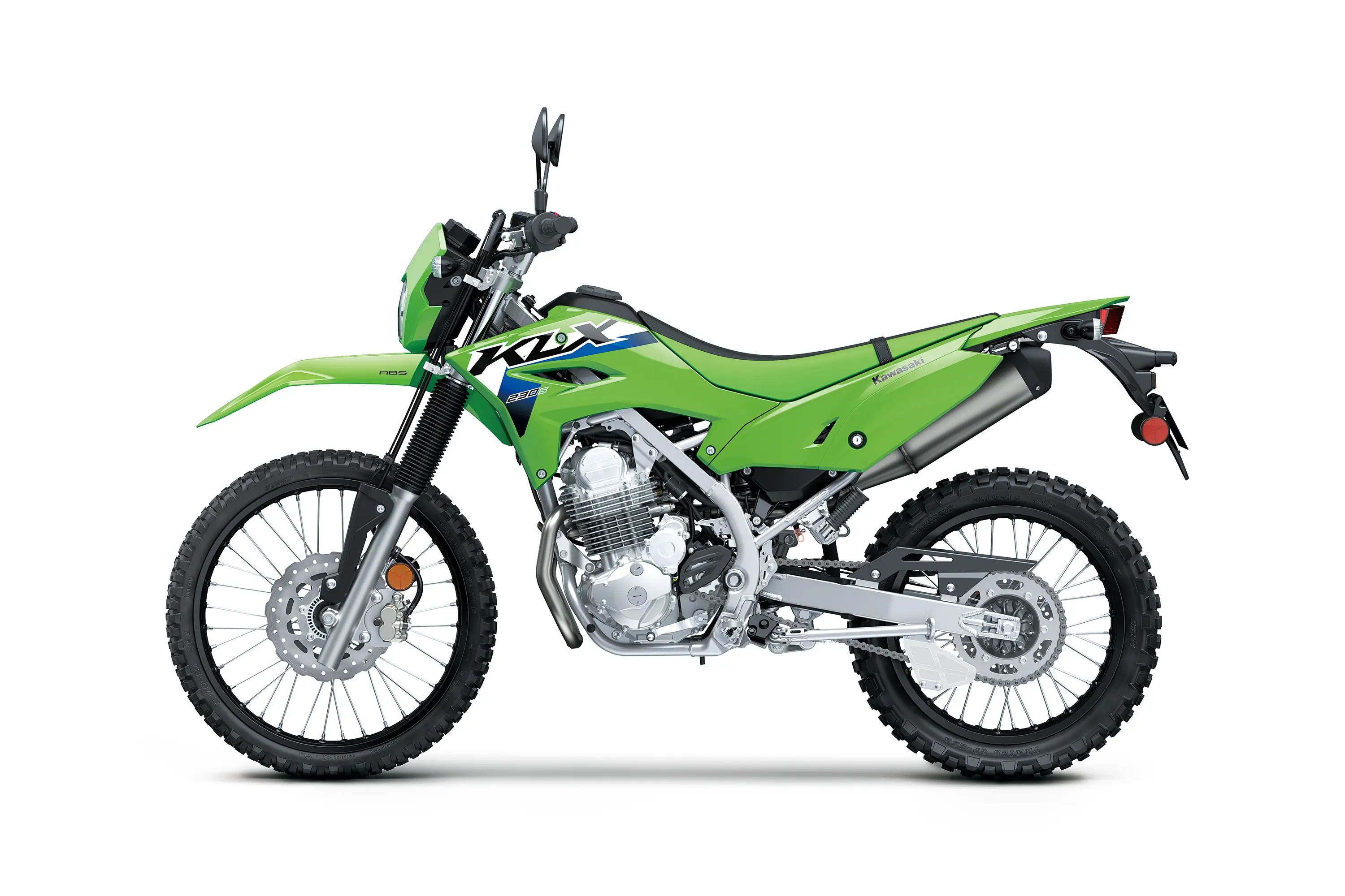 Profile angle of a motorcycle staged in a white studio background.
