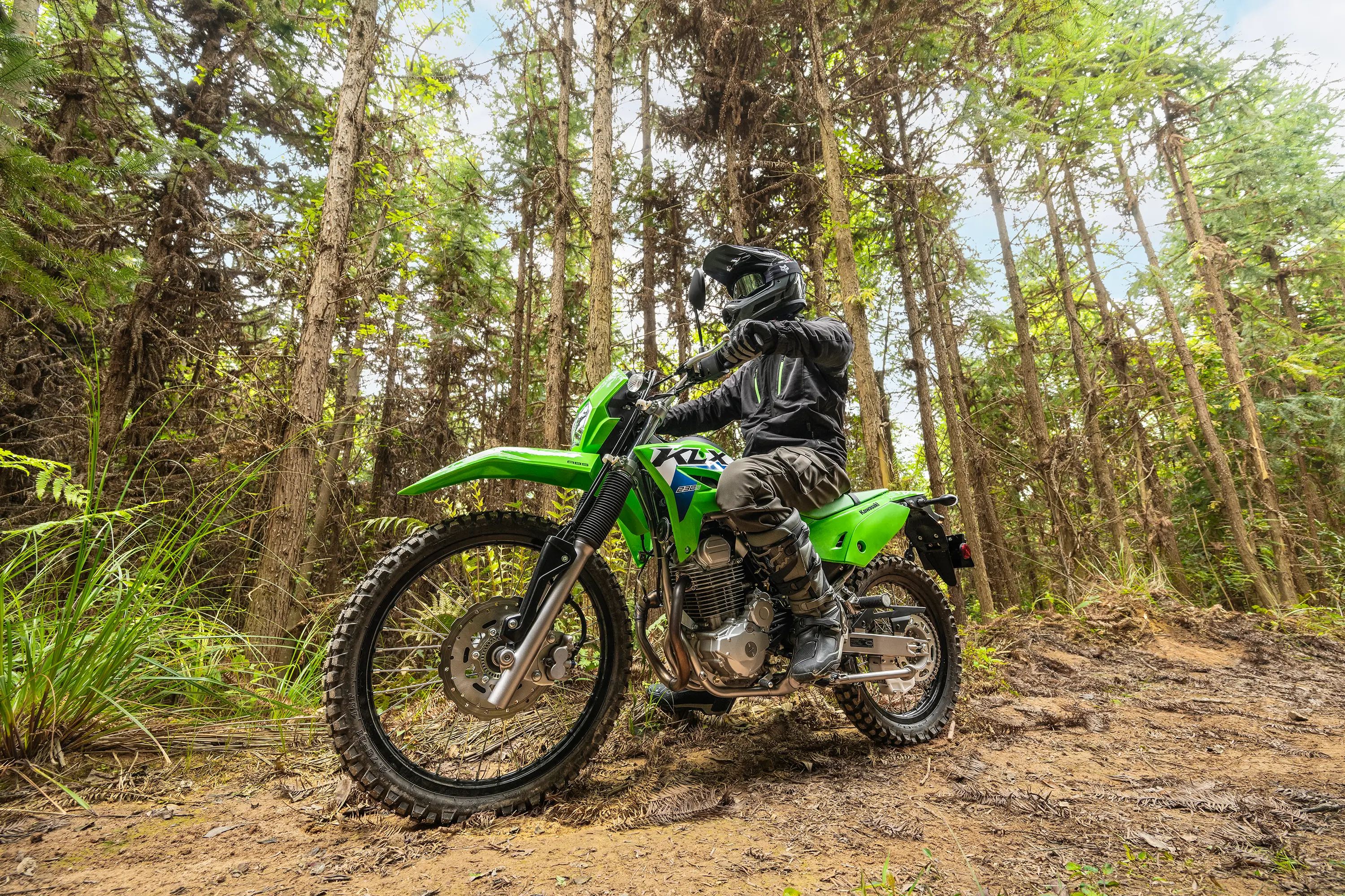 Side angle of a person riding a motorcycle on a wooded trail.