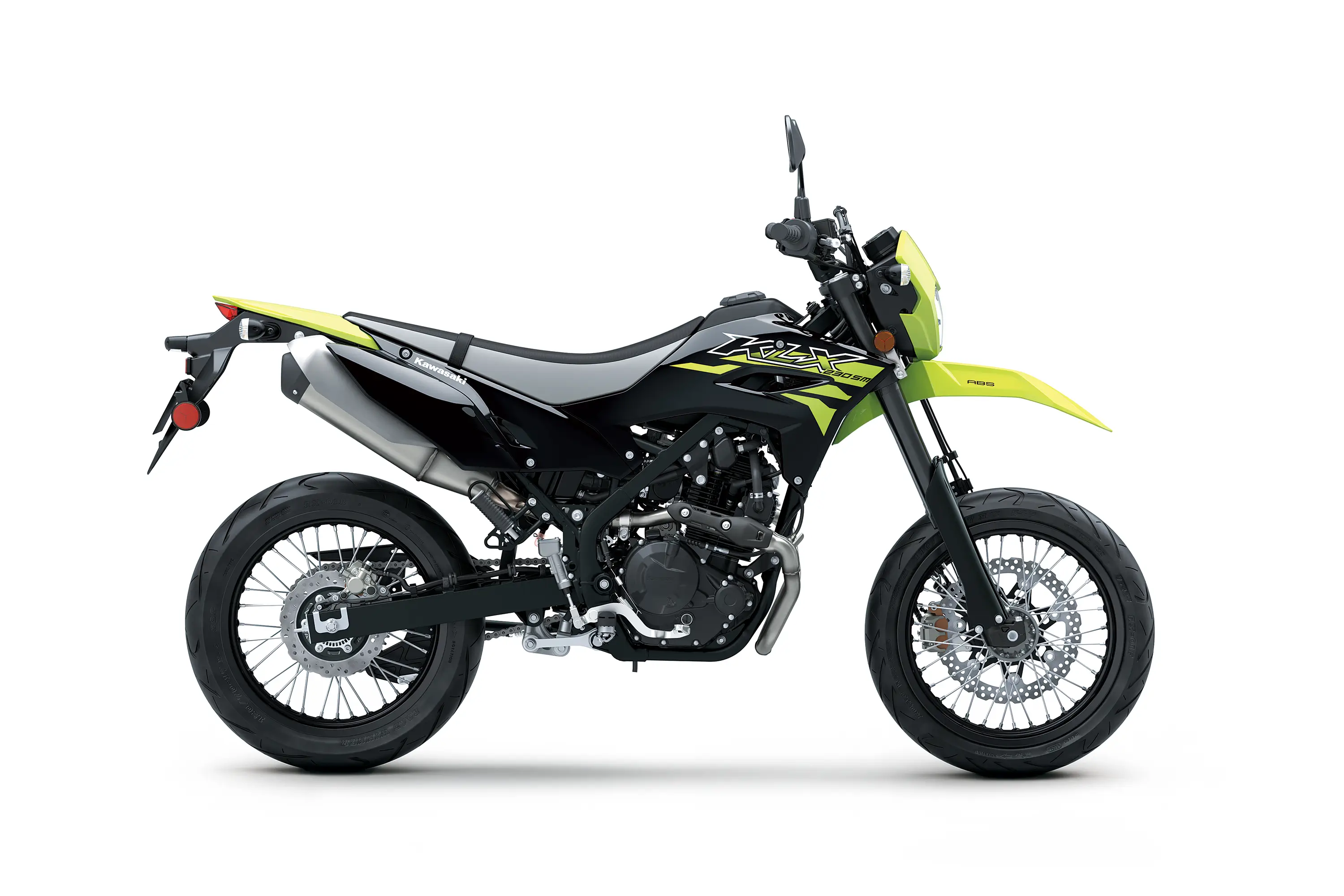 Profile angle of a motorcycle staged in a white studio background.