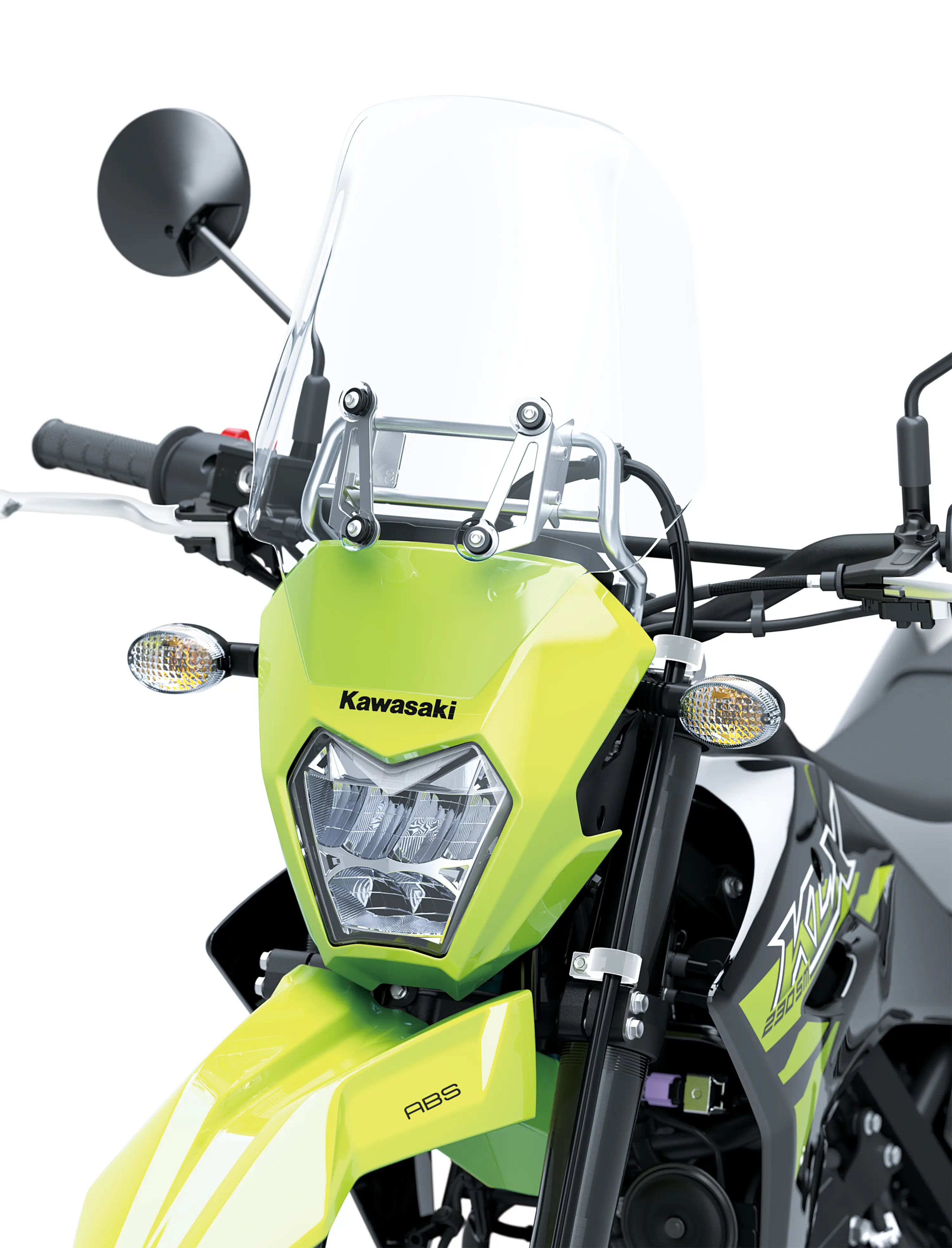 Close-up view of the front end of a motorcycle staged in a white studio background.