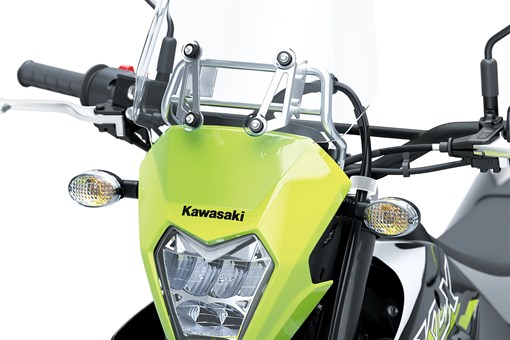 Close-up view of the front end of a motorcycle staged in a white studio background. opens in a new window