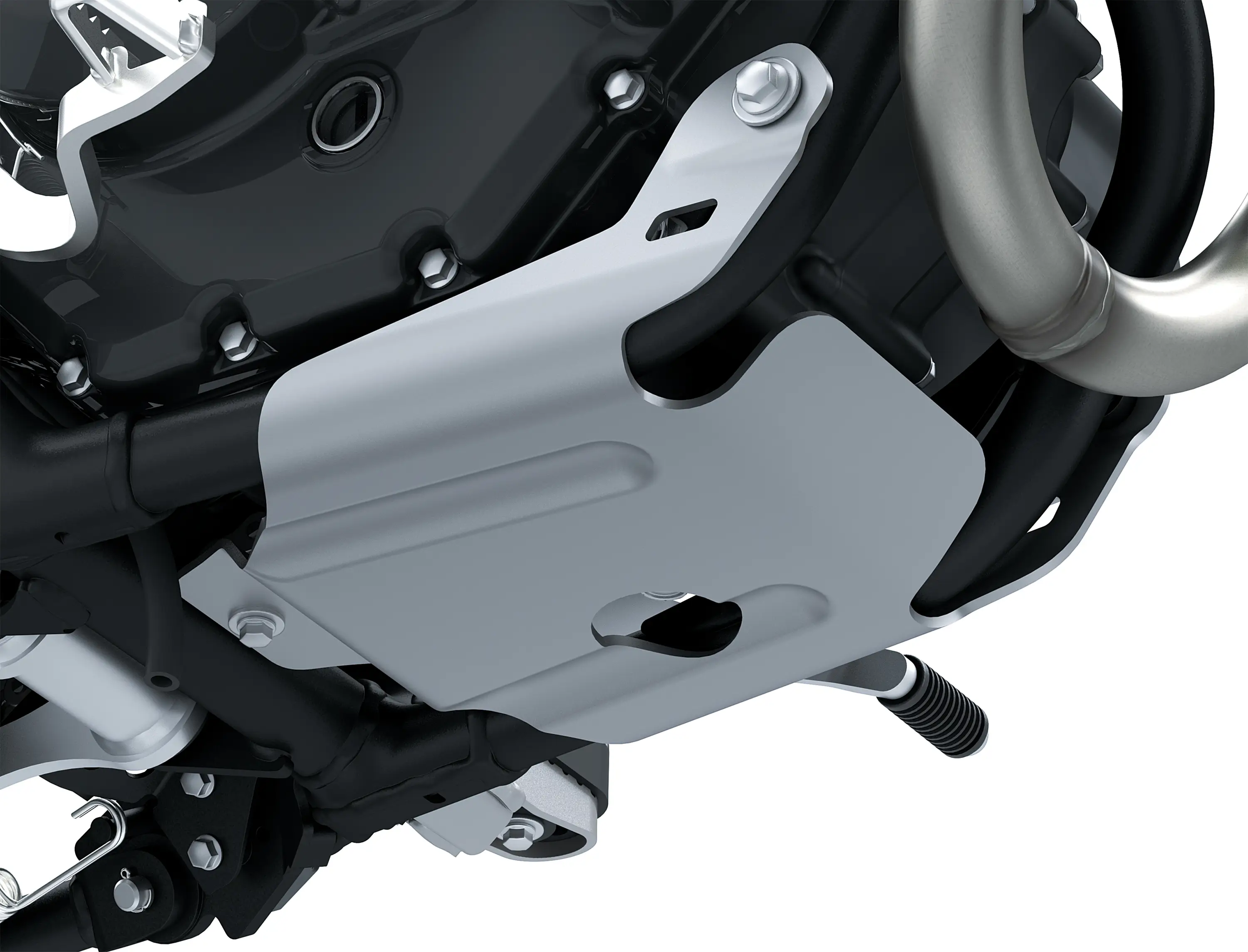 Close-up view of the underside of a motorcycle staged in a white studio background.