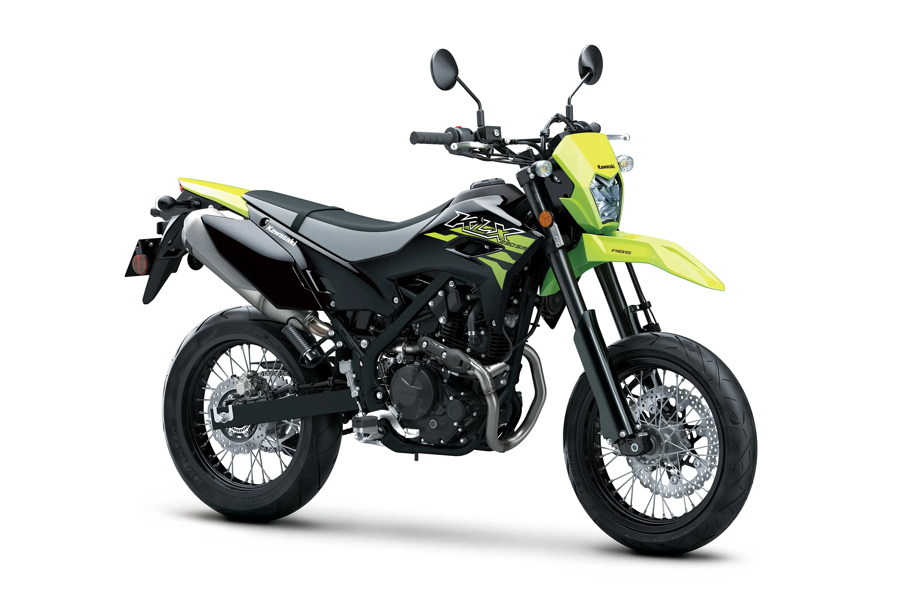 Three-quarter front angle of a motorcycle staged in a white studio background.