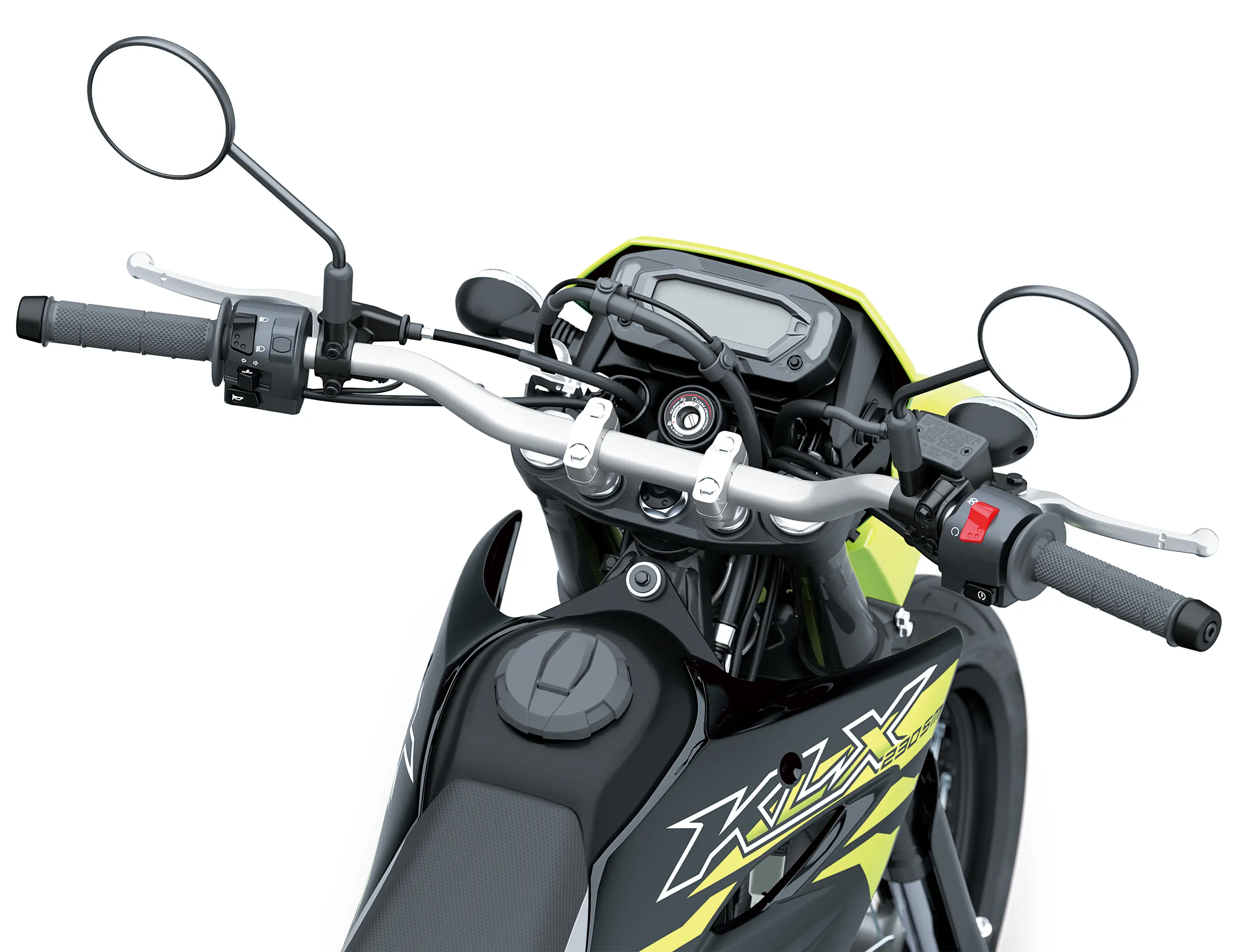 Driver POV of the handlebars of a motorcycle staged in a white studio background.