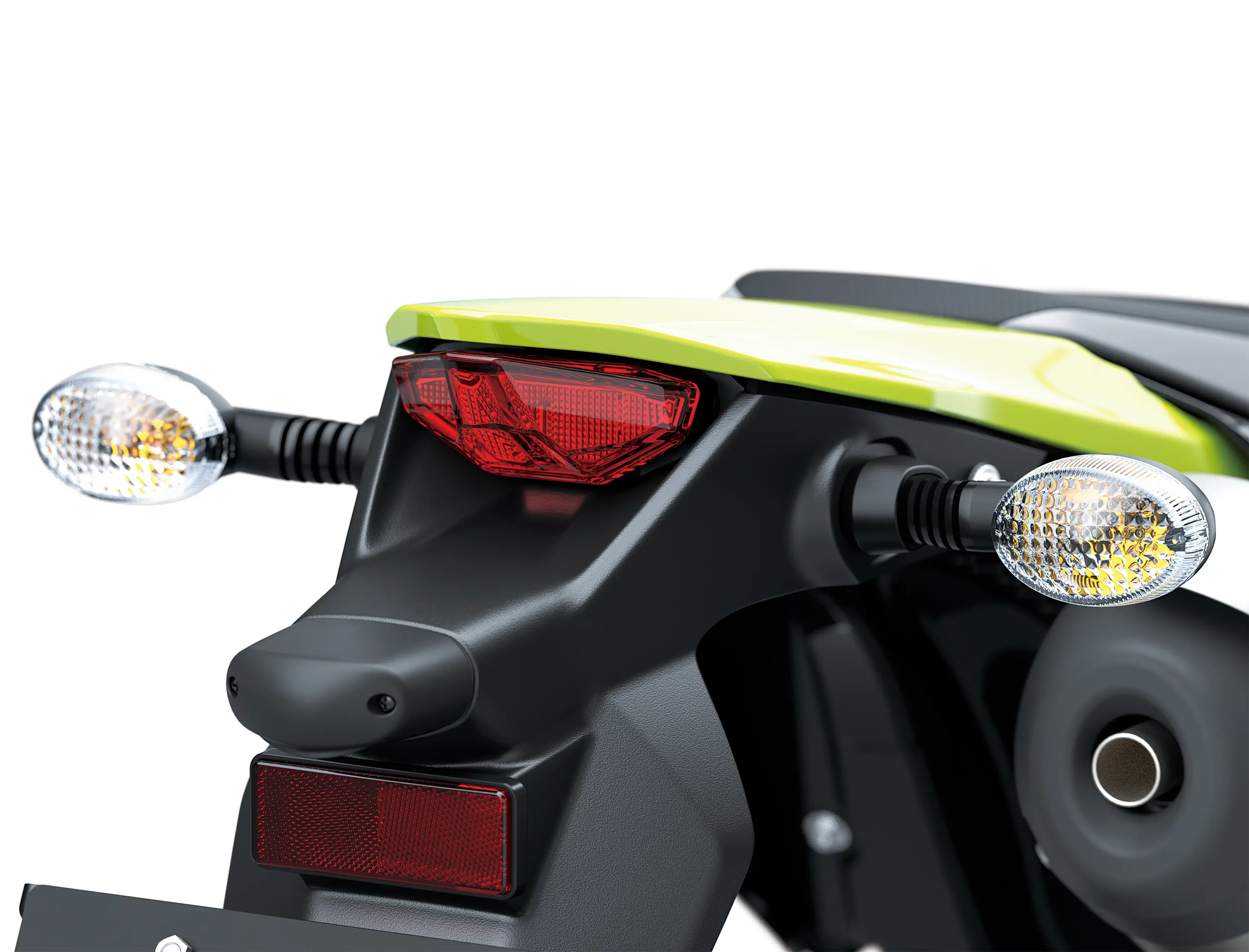 Close-up of the taillights of a motorcycle staged in a white studio background.