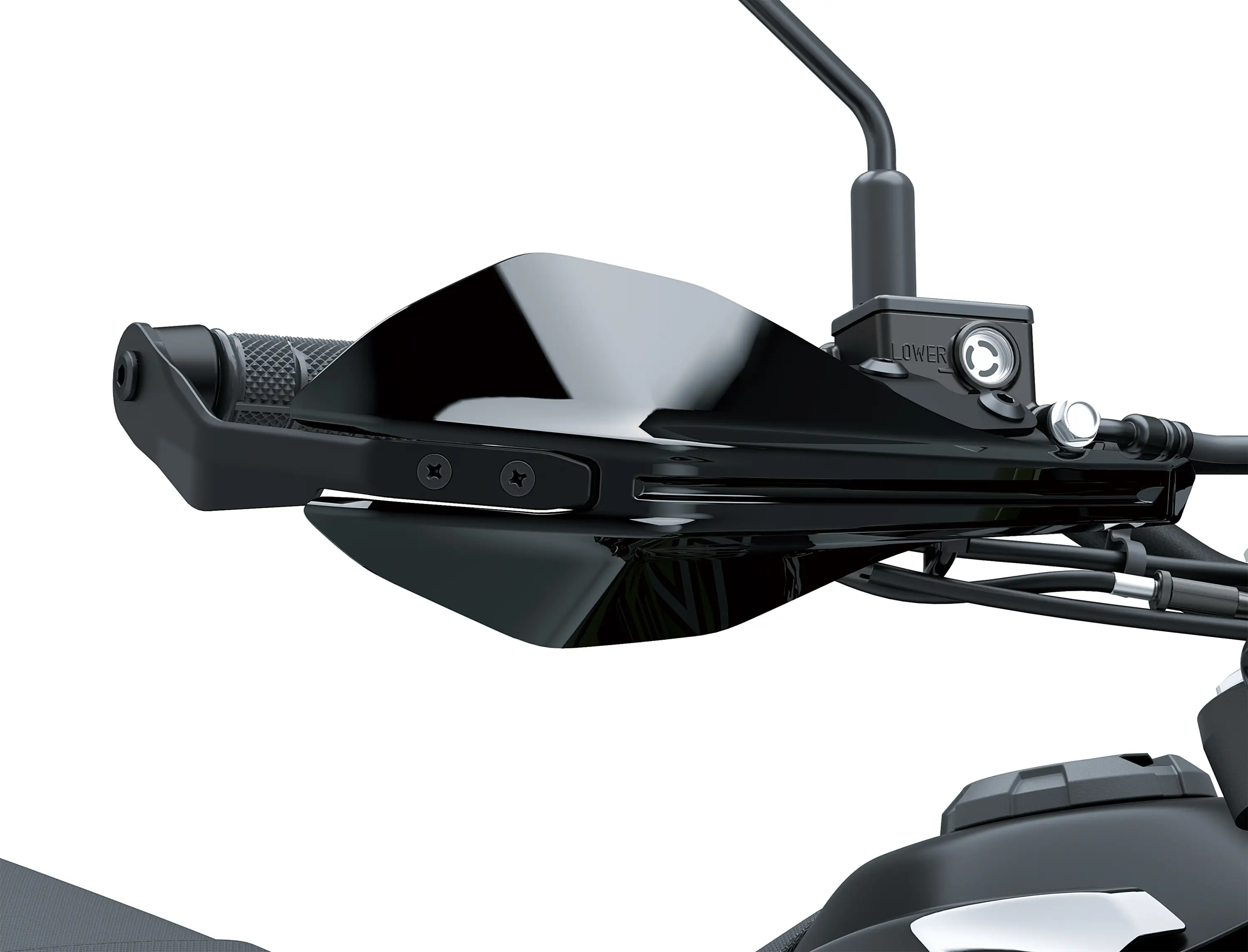 Close-up of the hand guard of a motorcycle staged in a white studio background.