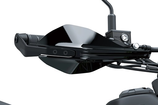 Close-up of the hand guard of a motorcycle staged in a white studio background. opens in a new window
