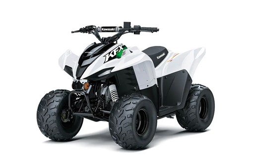 Front three-quarter view of a green youth ATV in a white studio background. opens in a new window