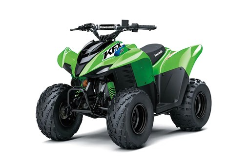 Front three-quarter view of a green youth ATV in a white studio background. opens in a new window