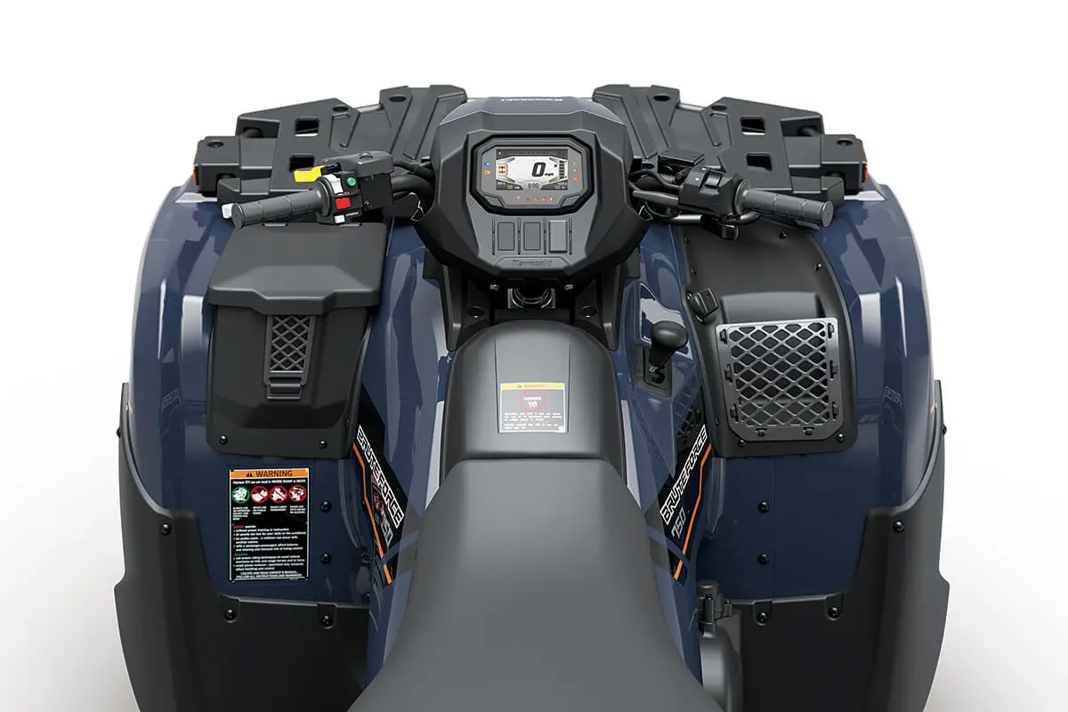Overhead view of the front end and rider cockpit of a utility ATV.