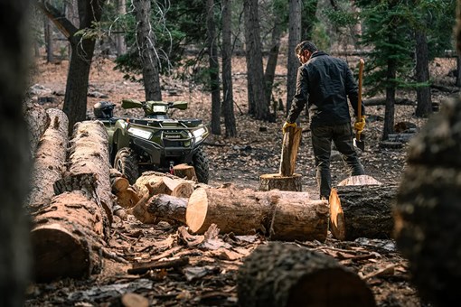 A person chopping wood in the forest with a utility ATV parked in the background. opens in a new window