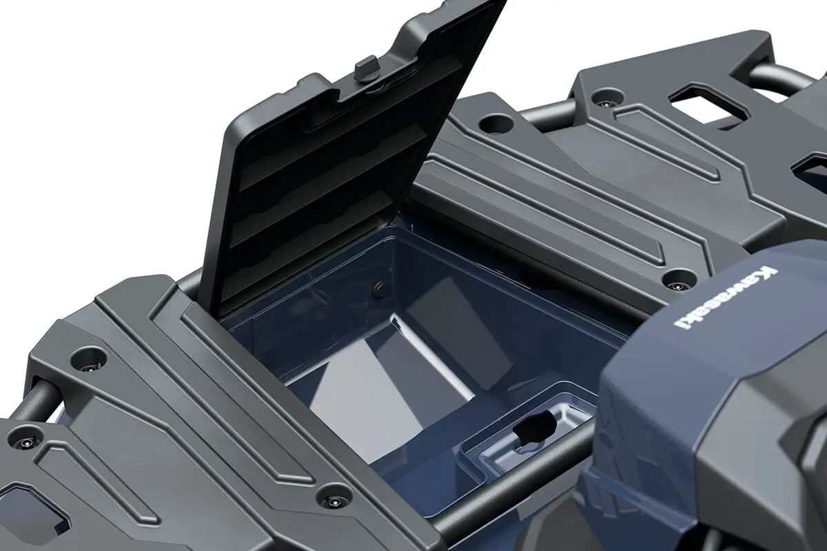 Detail view of a rear storage rack on a utility ATV in a white studio background.