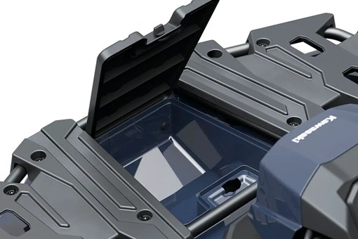 Detail view of a rear storage rack on a utility ATV in a white studio background. opens in a new window