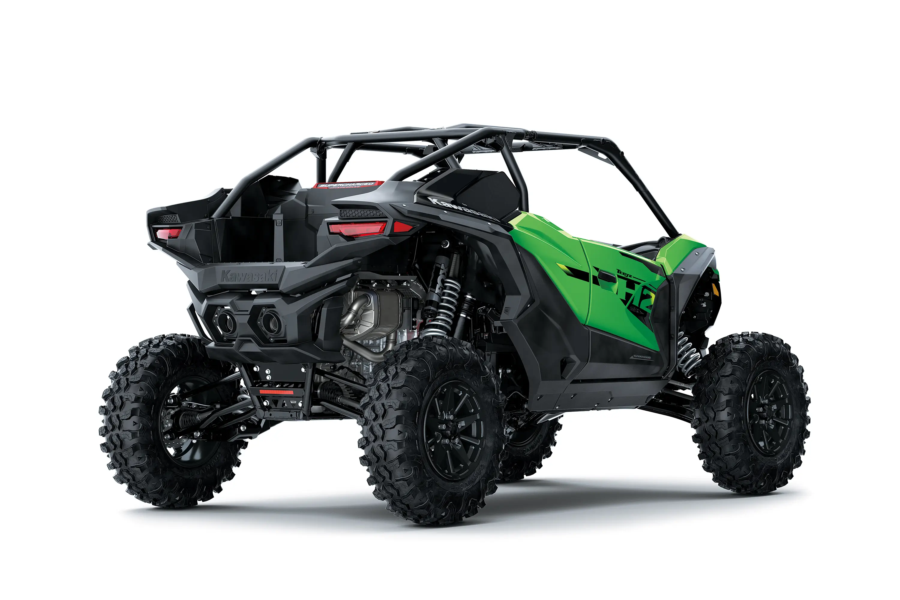 Three-quarter rear angle of a green side x side staged in a white studio background.