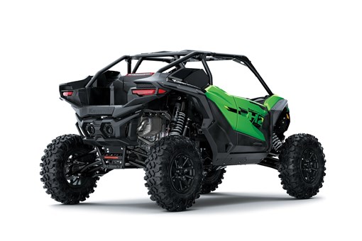 Three-quarter rear angle of a green side x side staged in a white studio background. opens in a new window