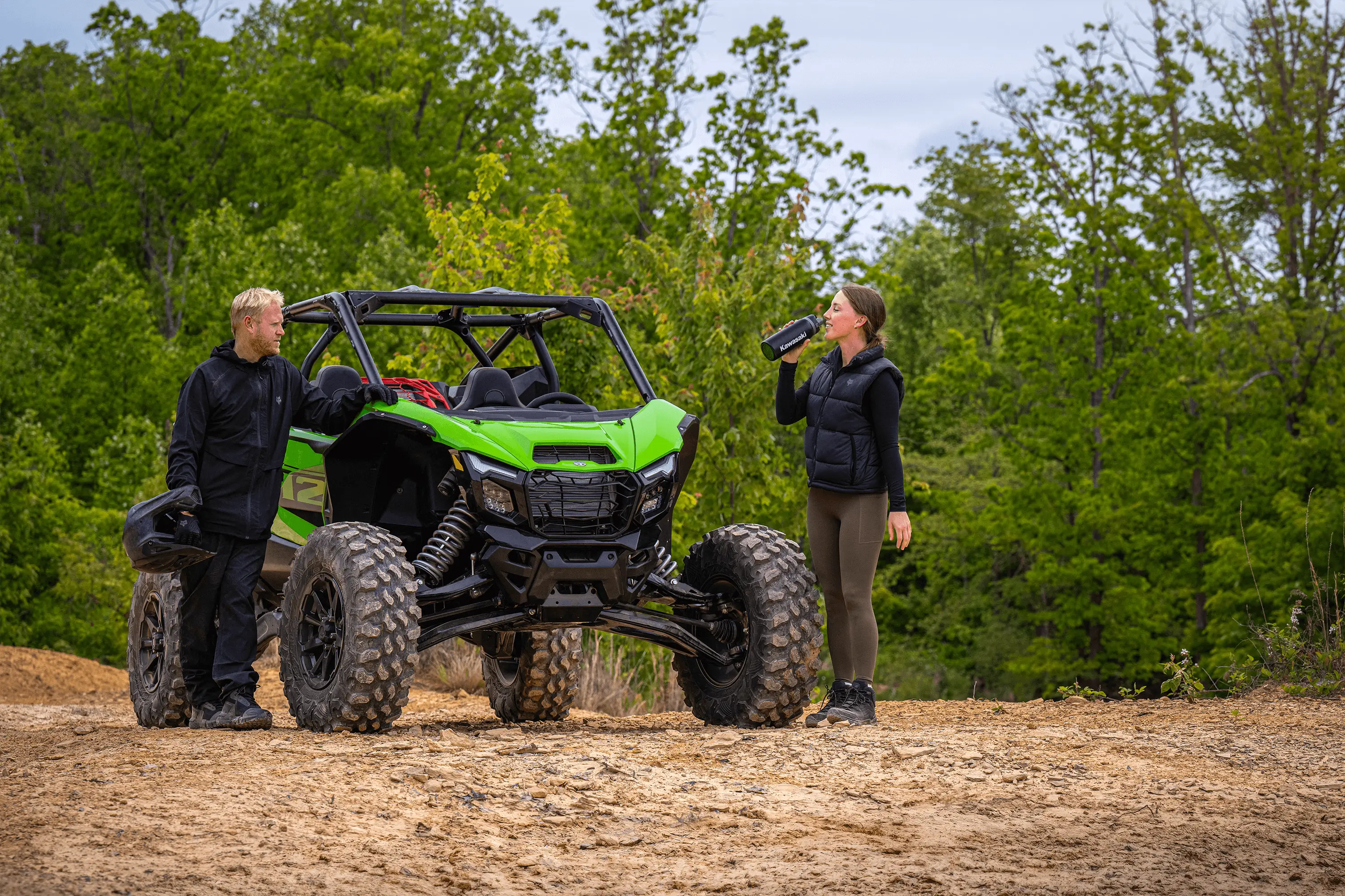 Front angle of a side x side parked off-road.