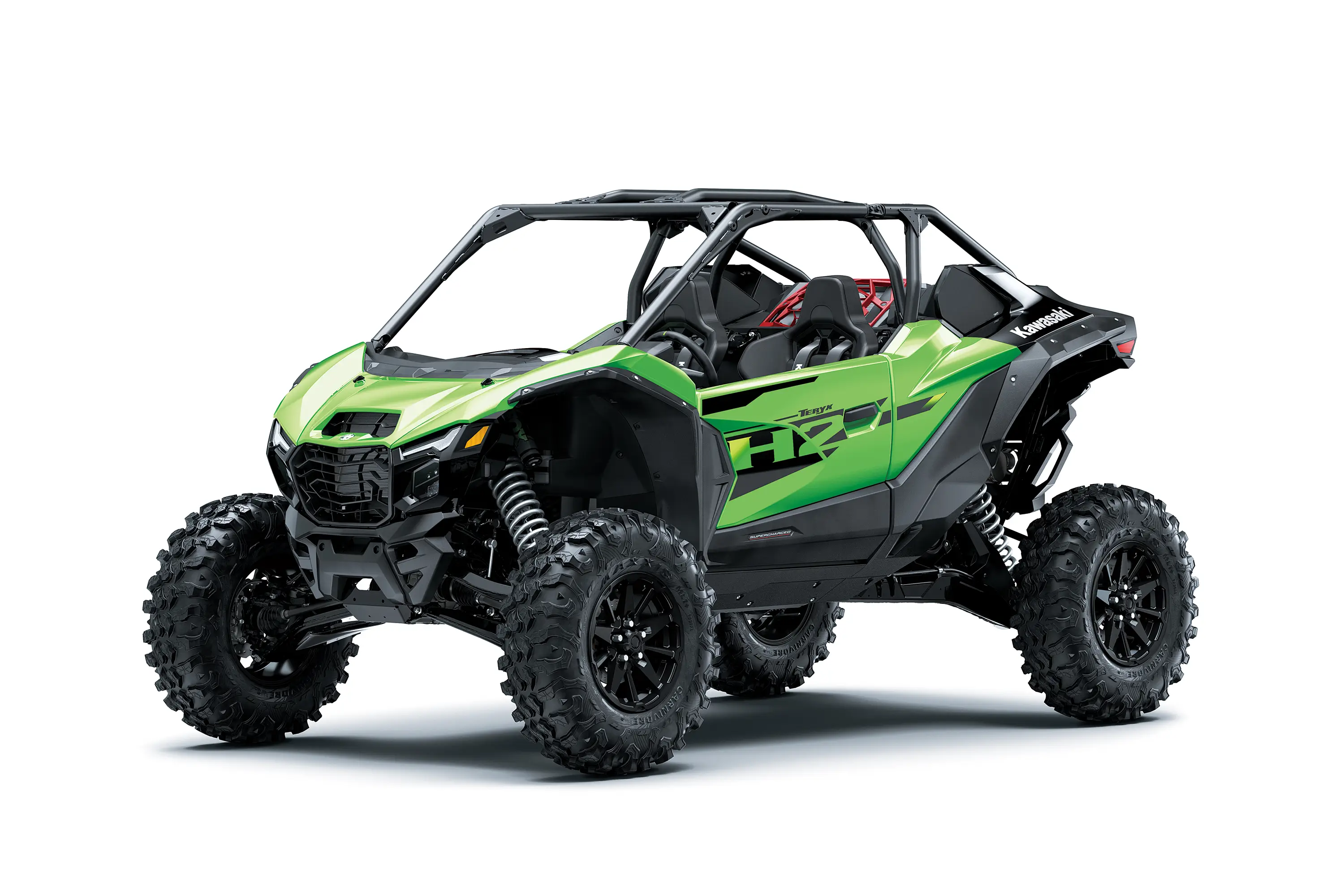 Three-quarter front angle of a green side x side staged in a white studio background.
