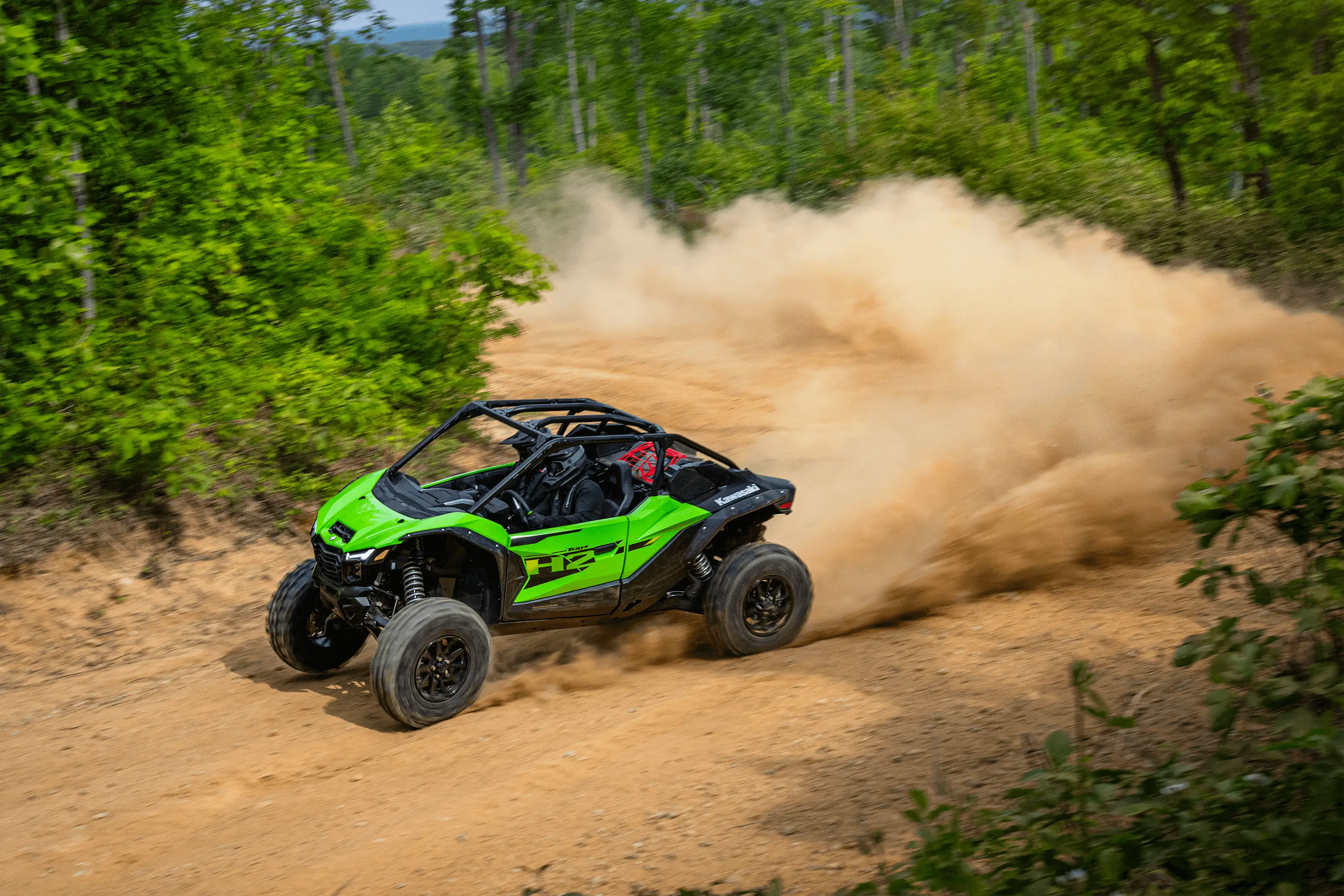 Overhead angle of a person driving a side x side off-road.