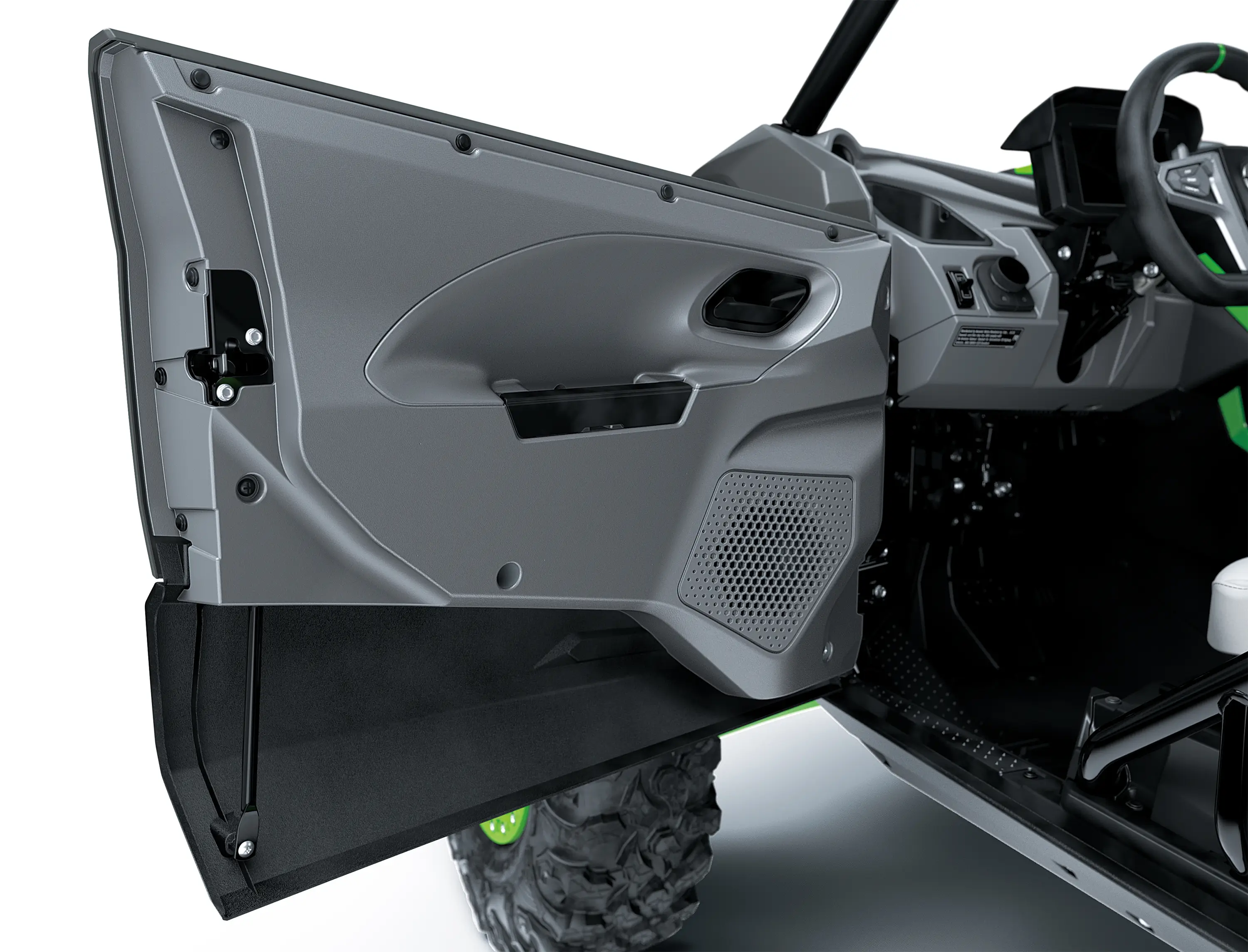 Inside the door of a side x side.