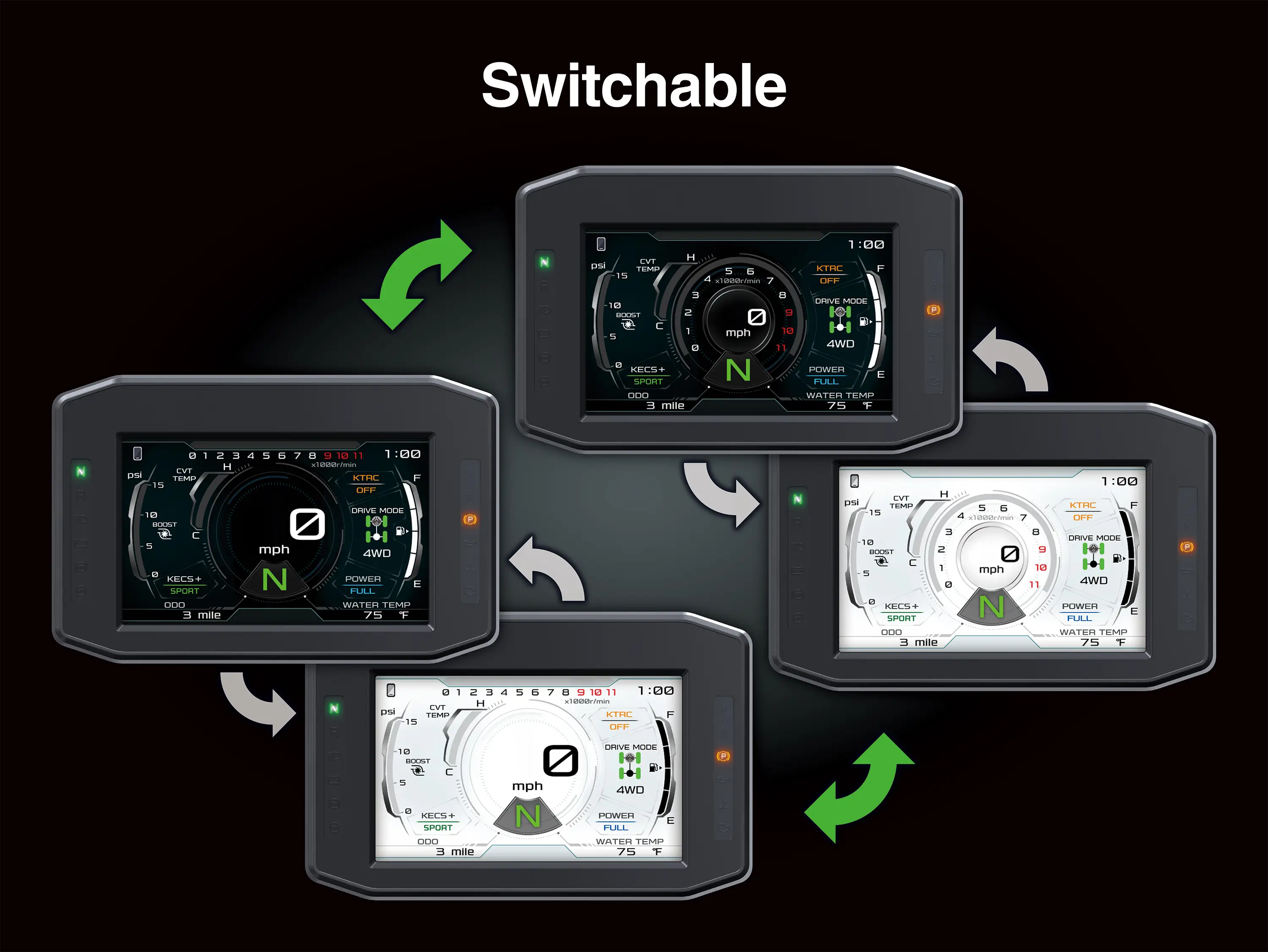 Graphic treatment of a side x side switchable screens.